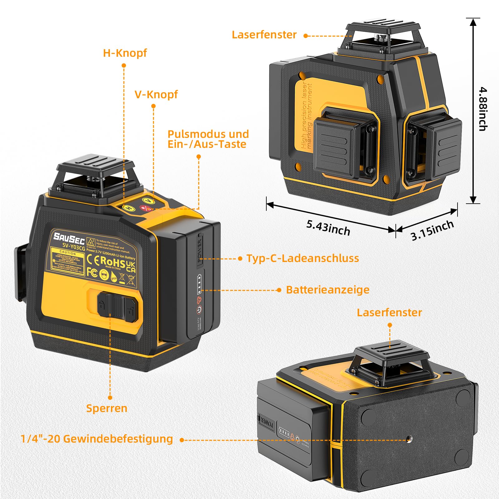 Nivel Laser 360 Autonivelante, 3x360° (hasta 37 horas) Nivel Láser Verdes, 12 Líneas Nivelador Laser, Recargable, Brillo ajustable, Control remoto, Conmutable, Para Uso Doméstico y Exterior