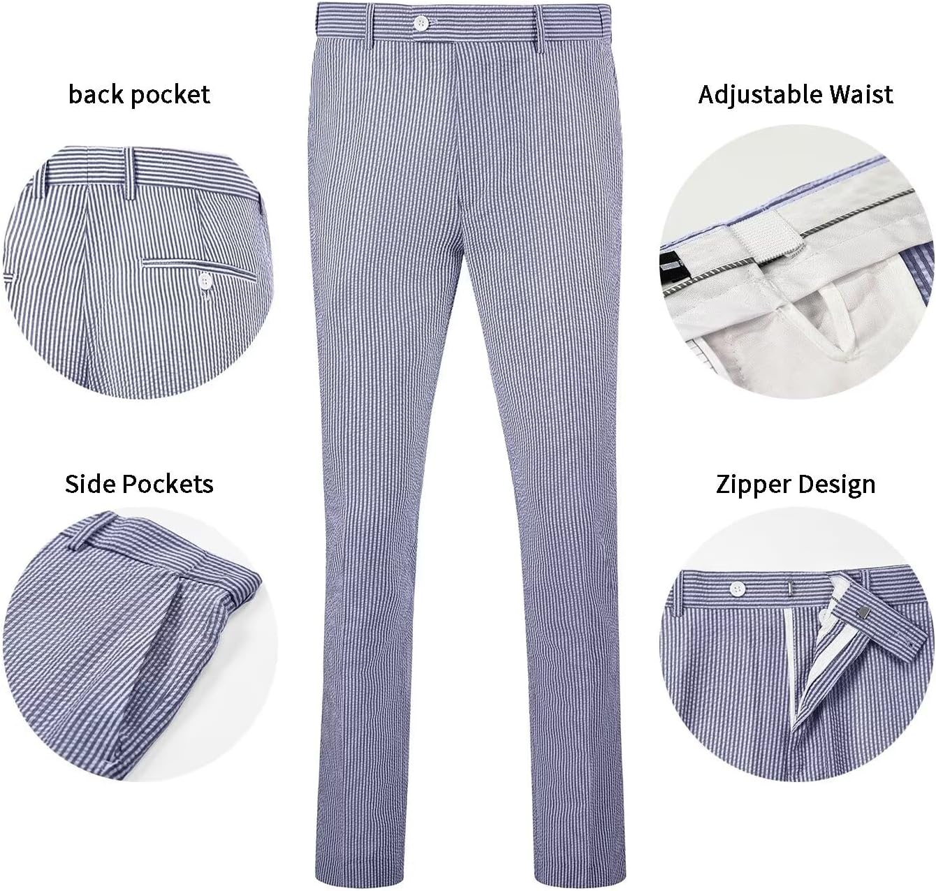 Mens Seersucker Suit Slim Fit Suits for Men Summer Striped Wedding Prom Party Dinner 2 Piece Daily Suit Jacket Blazer Pants Blue 3XL - Image 6