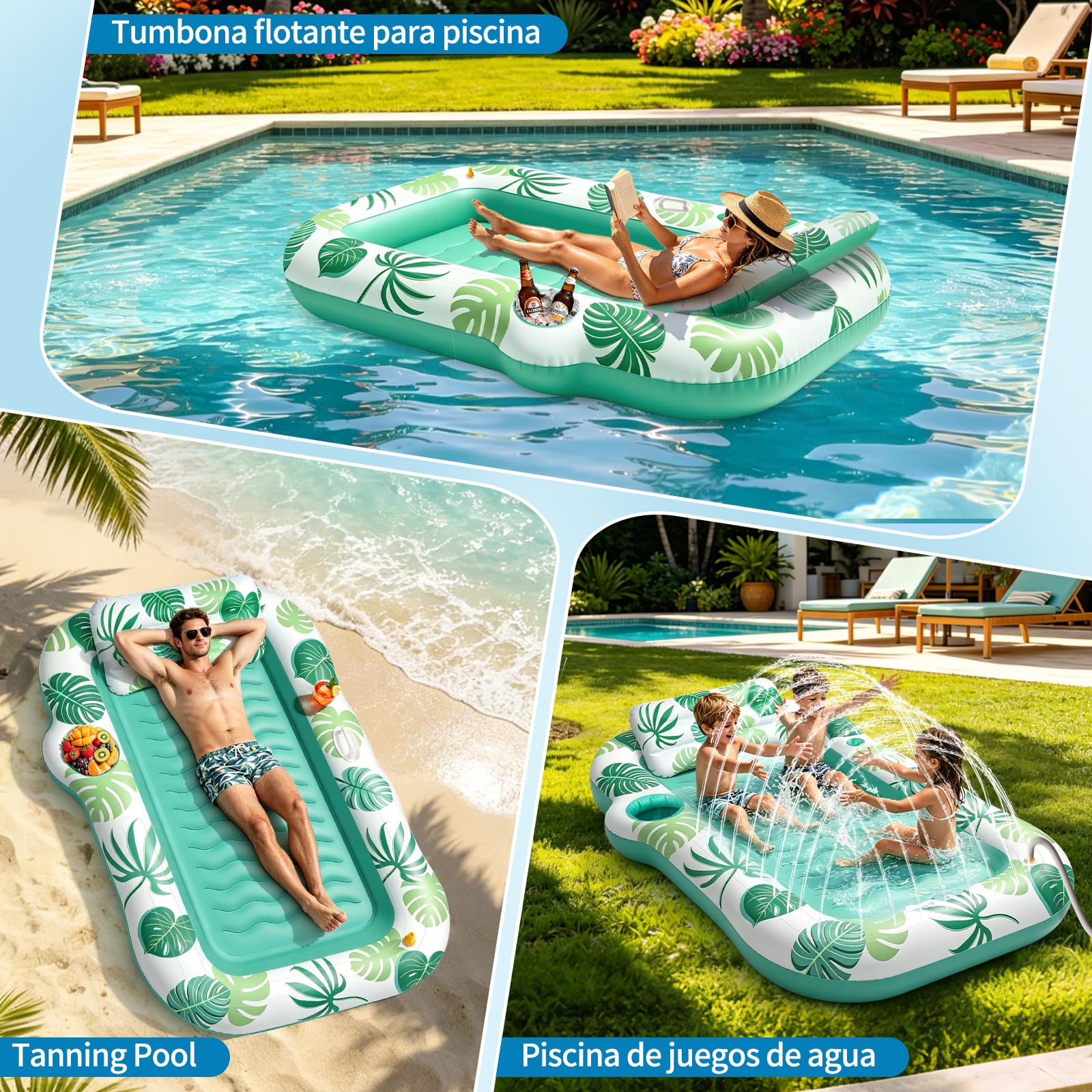 JONRRYIN Colchoneta Piscina Adultos, Tanning Pool con Función de Rociado y Portavasos, Colchoneta Hinchable 215×150 cm, Hamaca Hinchable Flotador para Playa y Agua