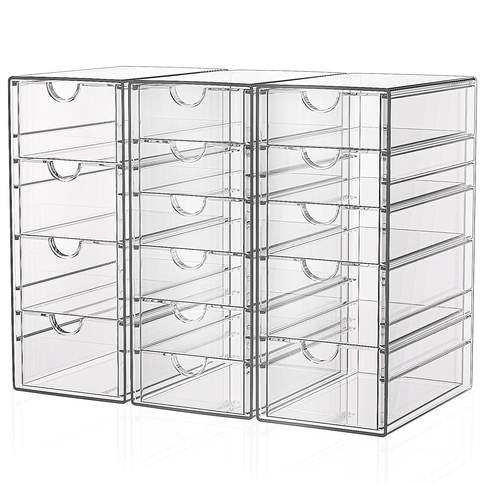 GoMaihe Organizador de Maquillaje con 15 Cajones, 3 Pcs Organizadores de Escritorio Acrílico Transparente, Almacenamiento de Cajones a Prueba de Polvo para Maquillaje, Joyas, Bolígrafos, Papelería