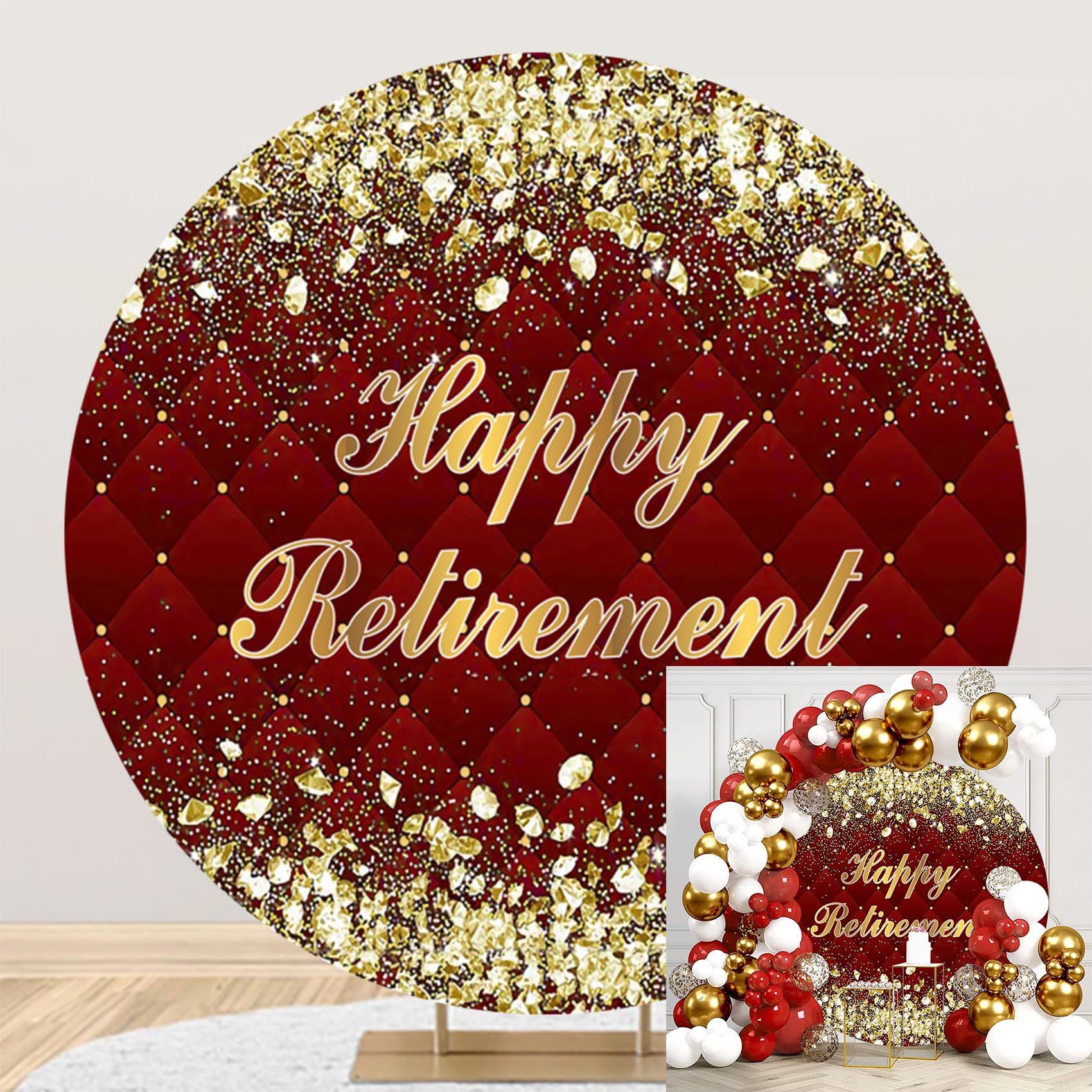 Diameter 6.5ft Round Happy Retirement Red Backdrops Cover Circle Golden Glitters Photography Background for The Aged Man Woman Retirement Congrats
