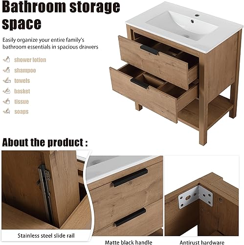 Miniatura 4 de Beingnext Tocador de baño de pie de 30 pulgadas, tocador con 2 cajones y 1 estante, tocador de baño independiente de 30 pulgadas con fregadero,