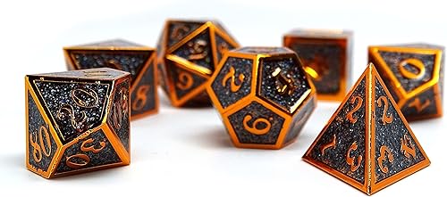 Heroic Dice of Metallic Luster - Colección de dados poliédricos de metal de 7 piezas (negro con fuente naranja)