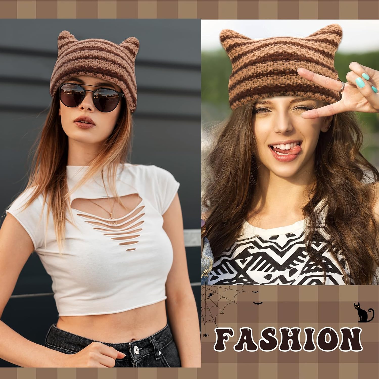 5 Pcs Y2K Clothes Accessories Y2k Grunge Cat Ear Beanie with Fingerless Gloves Bracelets Buckle pins for Women Girls Grunge Accessories Brown - Image 7