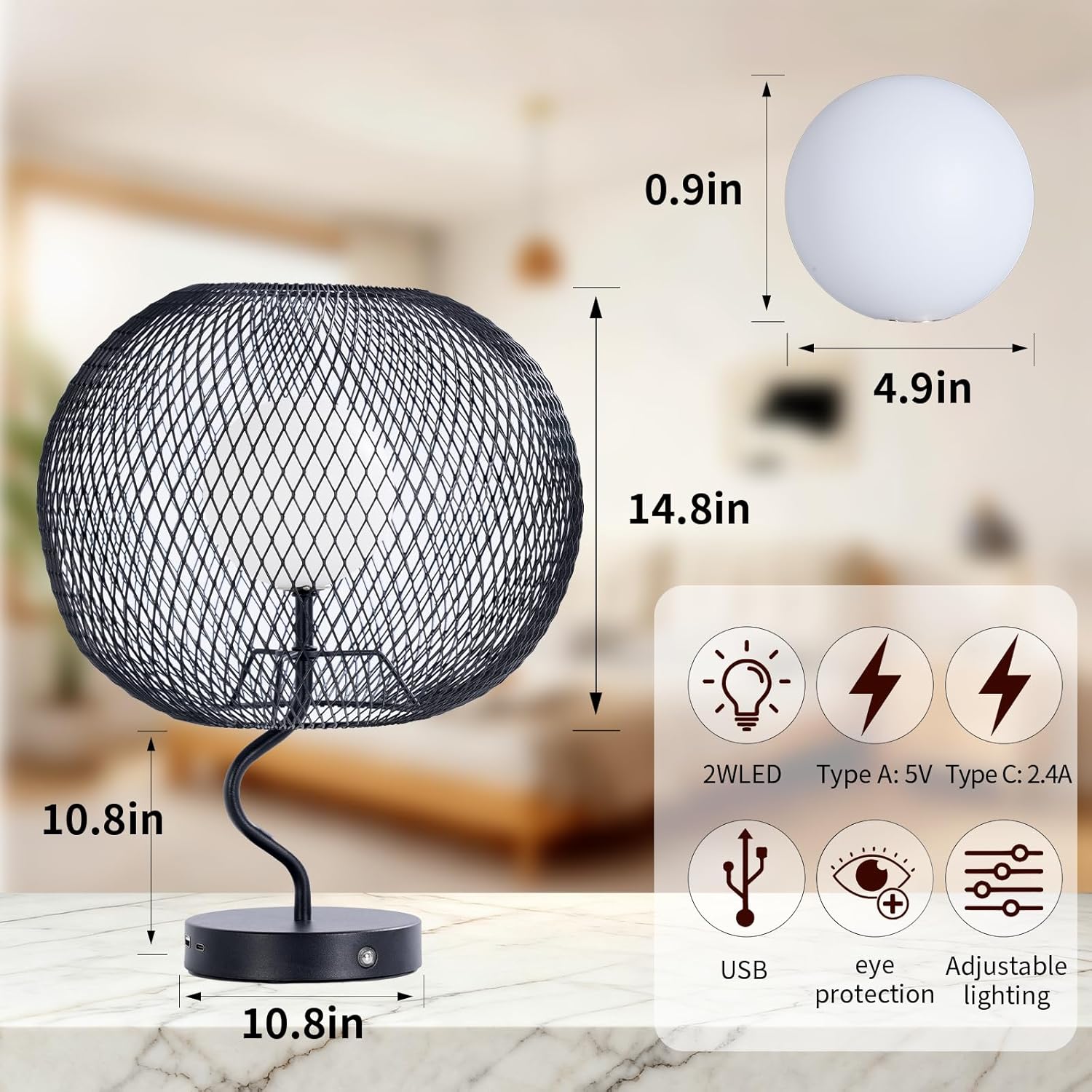 Cordless Nightstand Lamp ,Rechargeable Touch Bedside Table Lamp （3-Level Dimmable）with USB C and A Ports,Metal Modern Table Lamp,Black Reading Lamp for Living Room,Home Decor,LED Bulb Included.