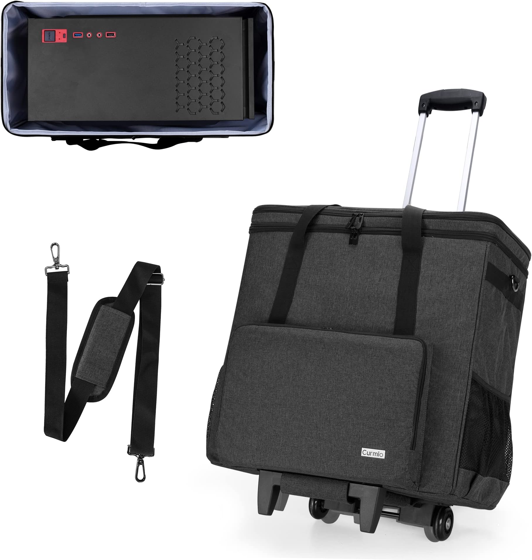 CURMIO Rolling PC Carrying Case, Dual Layer Desktop Tower Travel Bag with Wheels for PC Chassis, Keyboard, Mouse, Black (Bag Only, Patented Design)