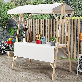 Genérico posto de mercado com toldo, carrinho de comida de rua de madeira, postos dobráveis, para venda de alimentos, para postos de rua, feiras de artesanato (White, 150 cm/59 pol)