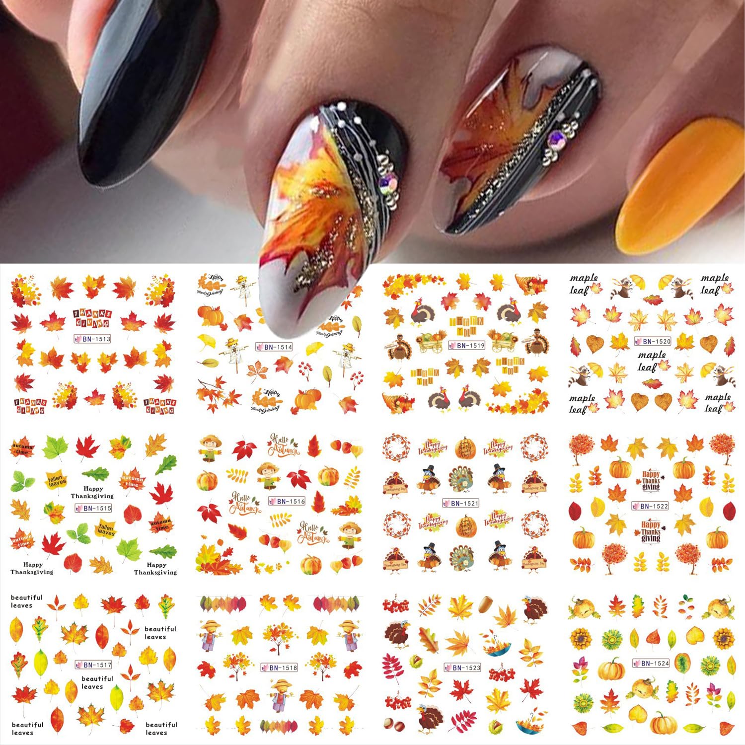Fall Nail Art Stickers Yellow Maple Leaf Nail Decals Thanksgiving Day Water Transfer Nail Stickers Pumpkin Leaves Designs Acrylic Nail Supplies 12 Sheets Nail Art Decals for Women Girls Nail Decoratio