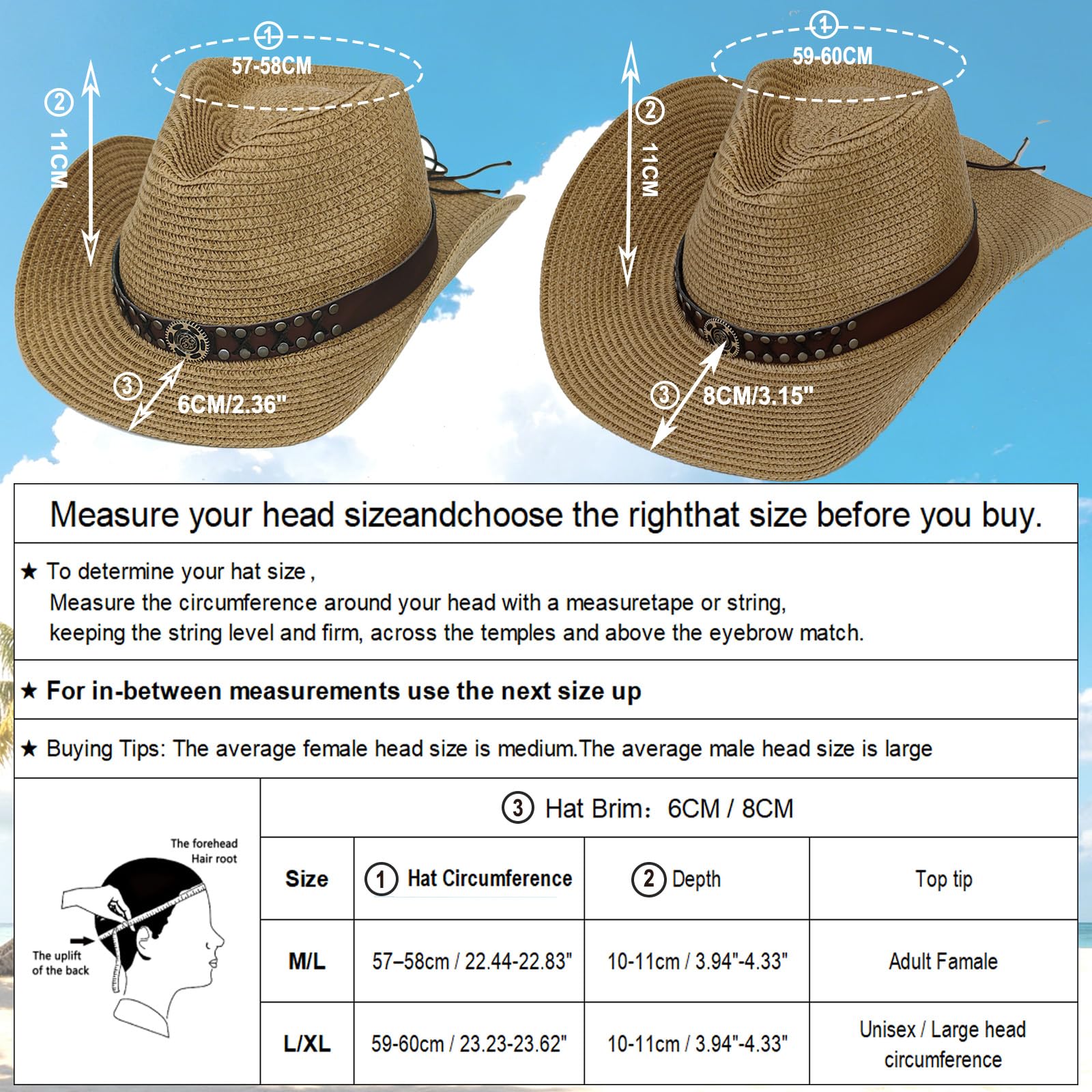 HEYANN Chapeau de cowboy en paille pour homme et femme - Chapeau de soleil pliable - Coupe-vent - Avec mentonnière - Respirant - Protection UV - Pour plage, jardin et extérieur