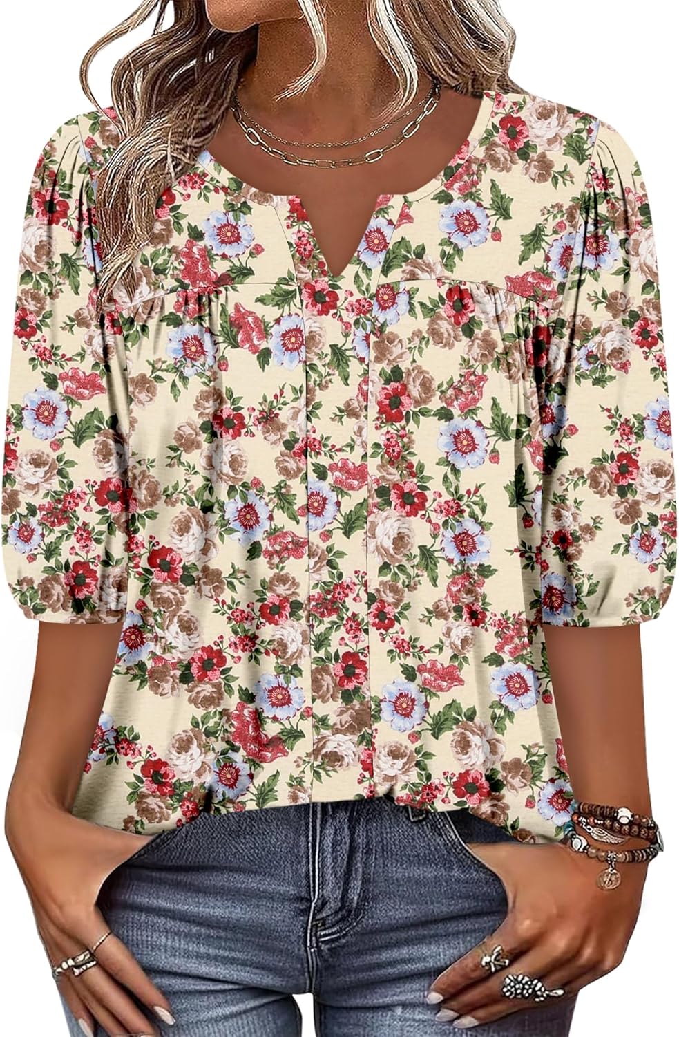 Magritta Womens Puff Half Sleeve Summer Tunic Tops Casual Chest Pleated Shirts Work Blouse for Women Dressy - Image 2