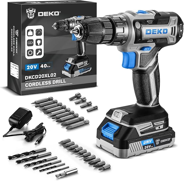 Power Drill Cordless: DEKO PRO Blue Cordless Drill 20V Electric Power Drill Set Tool for Women Drills Cordless with Battery and Charger Drill Driver 20 Volt Drill Driver Kit