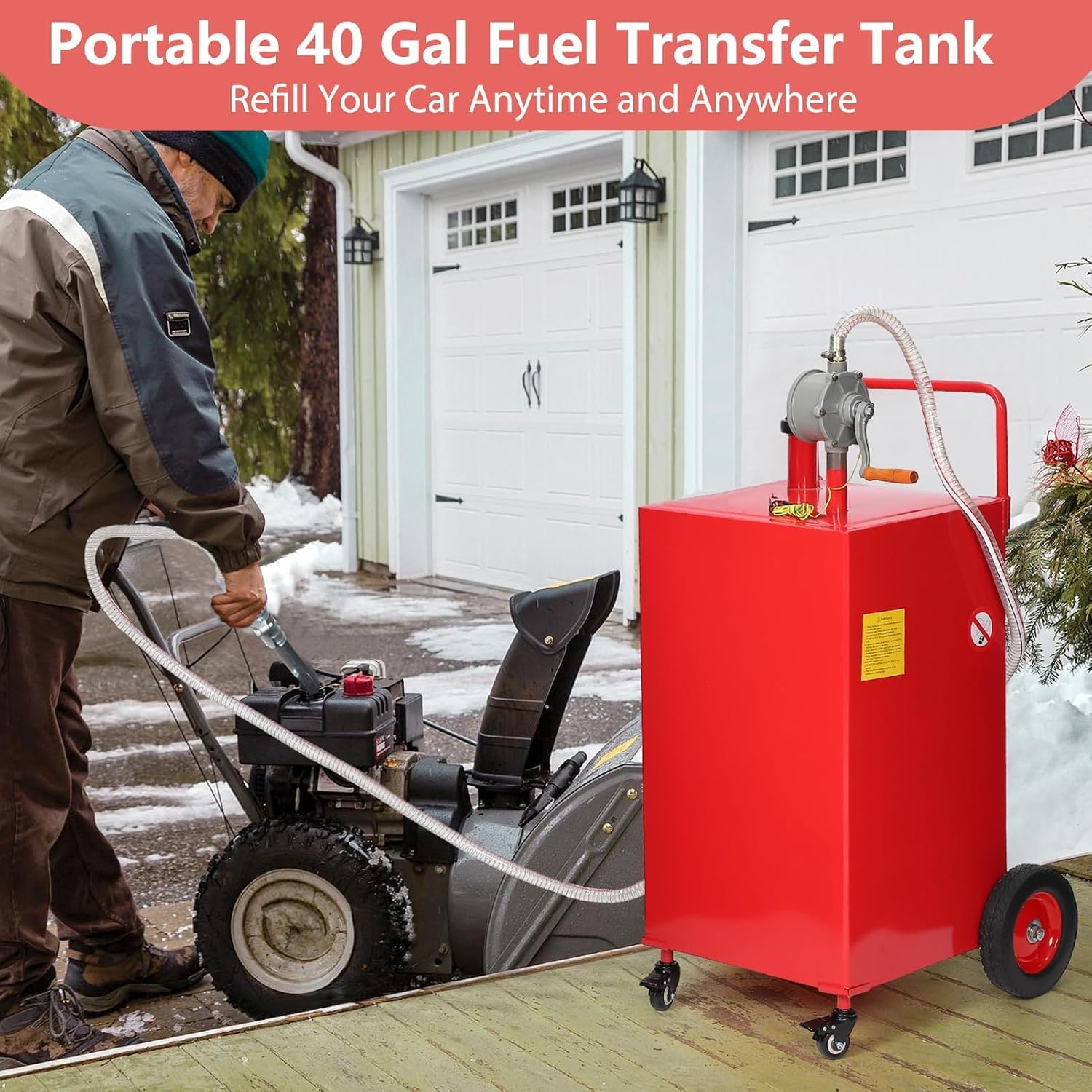 40 Gallon Portable Fuel Caddy with Manual Pump & Grounding Wire – Heavy-Duty HDPE Gas & Diesel Transfer Tank on 4 Wheels, 10ft Spill-Proof Hose, Rolling Gas Can for Boat, Truck, ATV, Farm & Generator