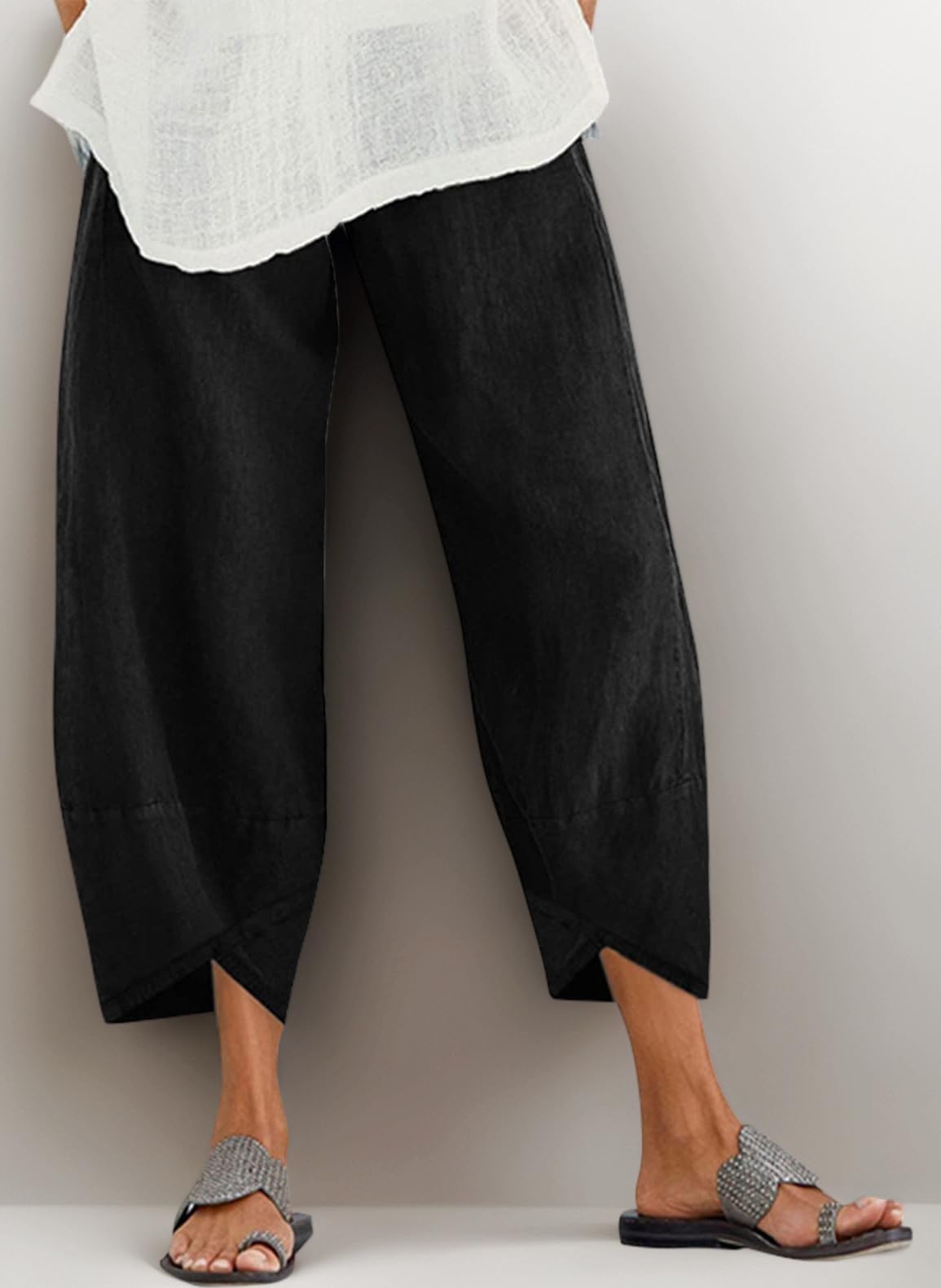 Womens Casual Trousers Cotton Linen Cropped Pants Loose Fit Straight Elasticated Waist Chino Bottoms with Pocket
