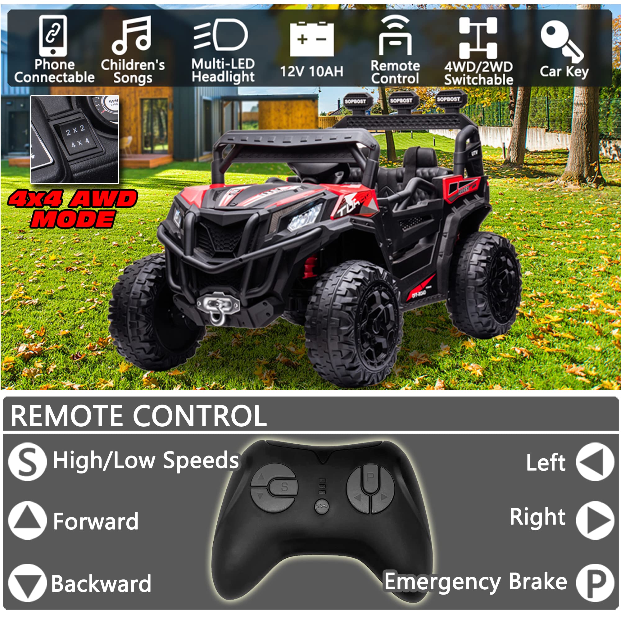 Amazon Com Sopbost 12v 10ah Power Buggy 4x4 Kids Ride On Truck Utv 2wd 4wd Switchable Ride On Car With Remote Control Ride On Toys Electric Off Road Utv Vehicle With Car Keys 4 Shock