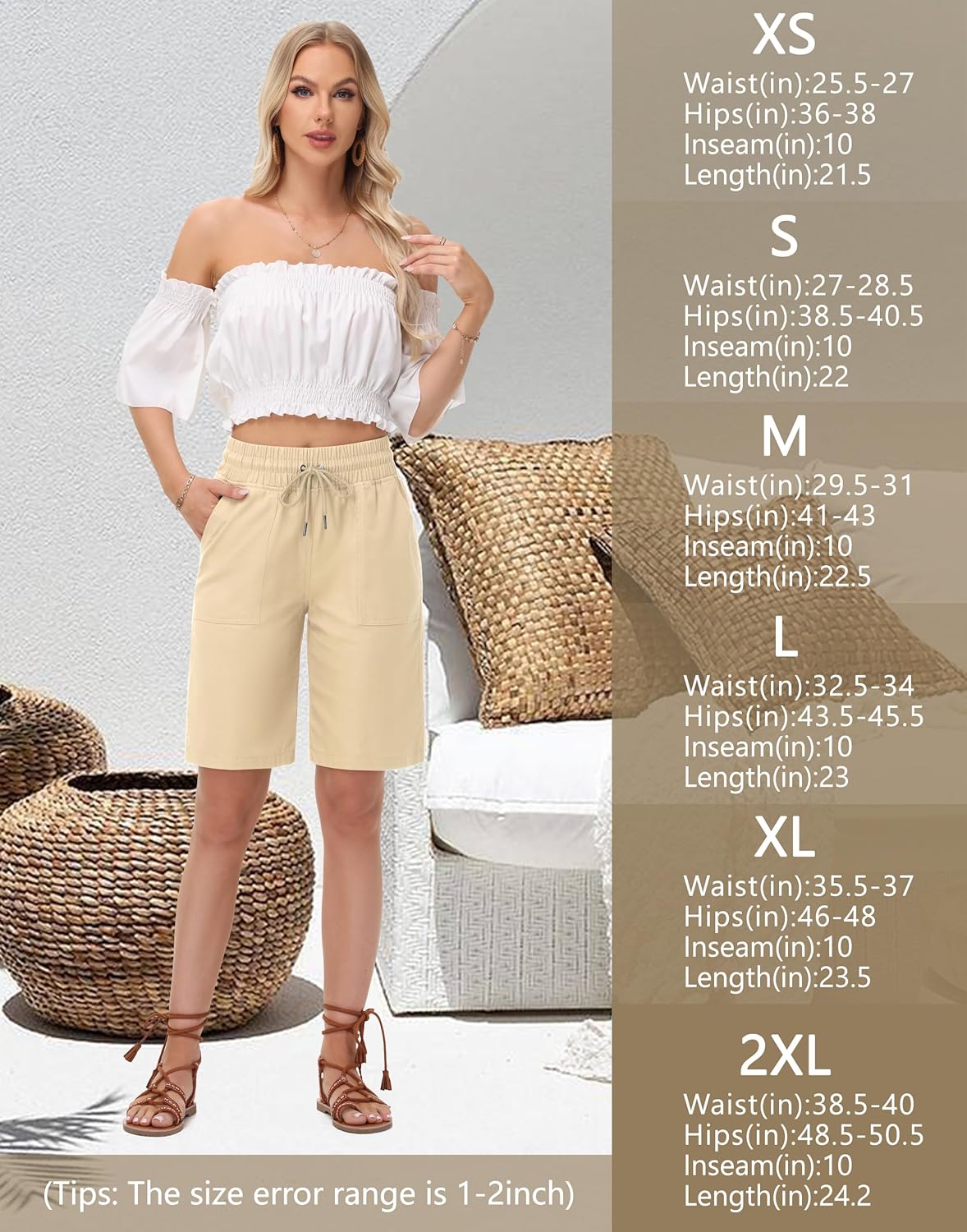Women's 10" Linen Bermuda Shorts High Waisted Lightweight Long Shorts for Women Comfy Summer Casual with Zipper Pocket - Image 7