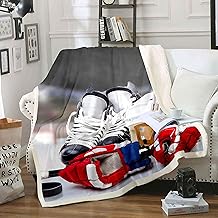 Ice Hockey Fleece Throw Blanket Kids Hockey Player Sherpa Blanket for Bed Sofa Couch Teens Ultra Soft Sports Theme Plush Blanket Ultra Soft Winter Sports Hobby Warm Fuzzy Blanket Throw 50"x60"