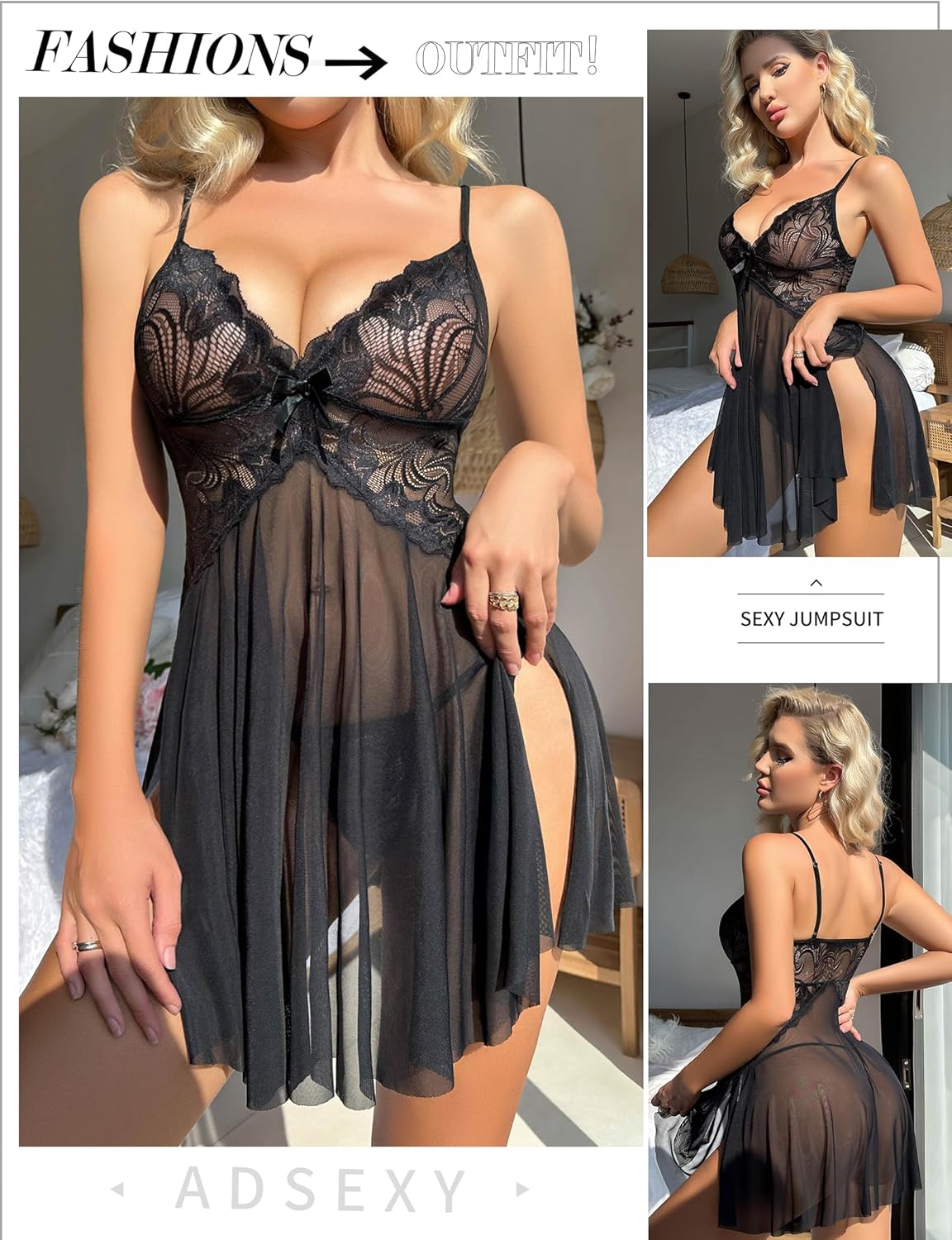 Women's Lingerie Sexy Chemise Babydoll Dress Sheer Floral Lace Split Hem Nightdress with Panty Mesh Nightgown - Image 2