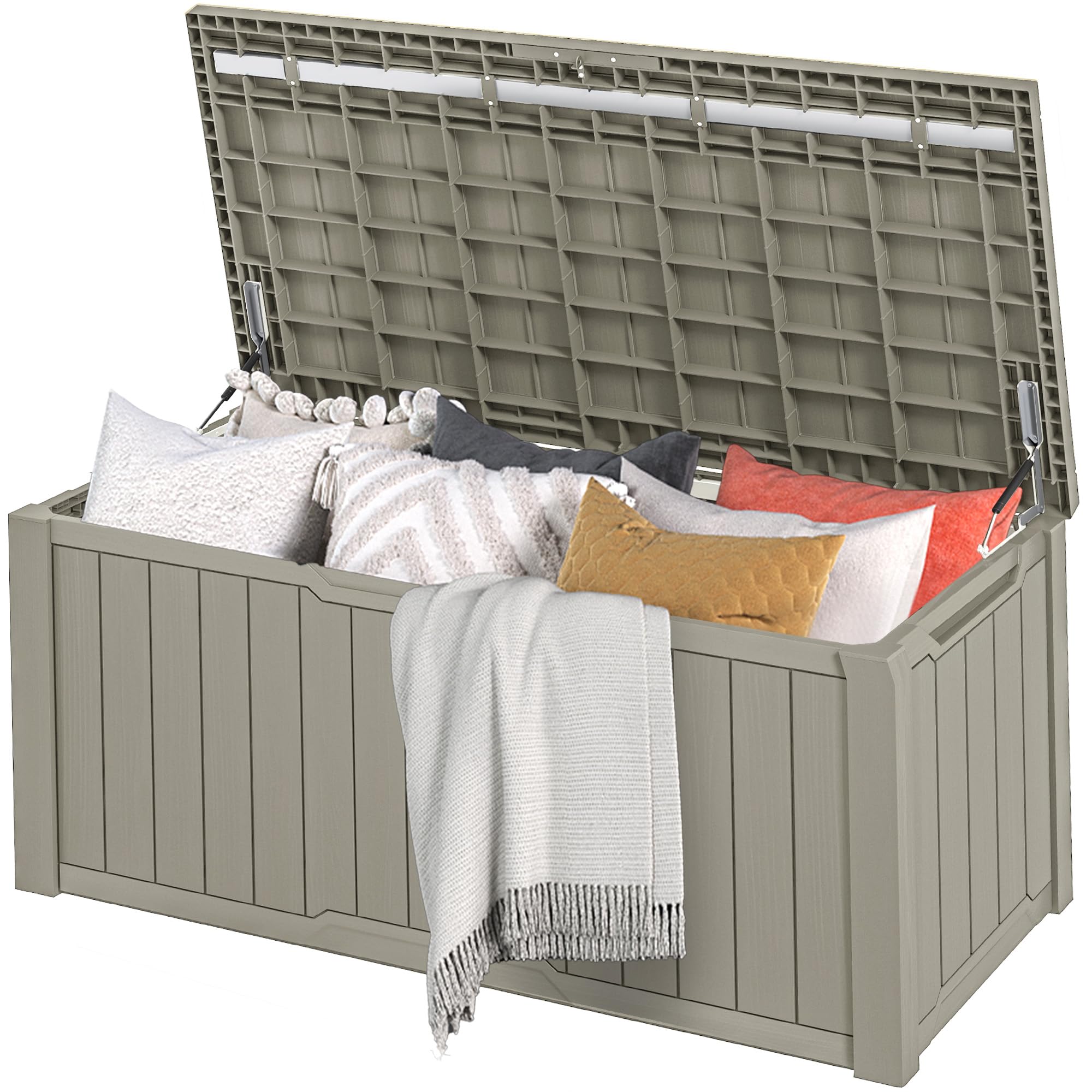 DWVO Outdoor Garden Storage Box|870L 143x80.5x79cm|Waterproof||Securely Lockable|Side Carry Handles|All Weather Resistant|Patio Resin Deck Box for Pillows, Equipment,Pool Accessories(Light Brown)