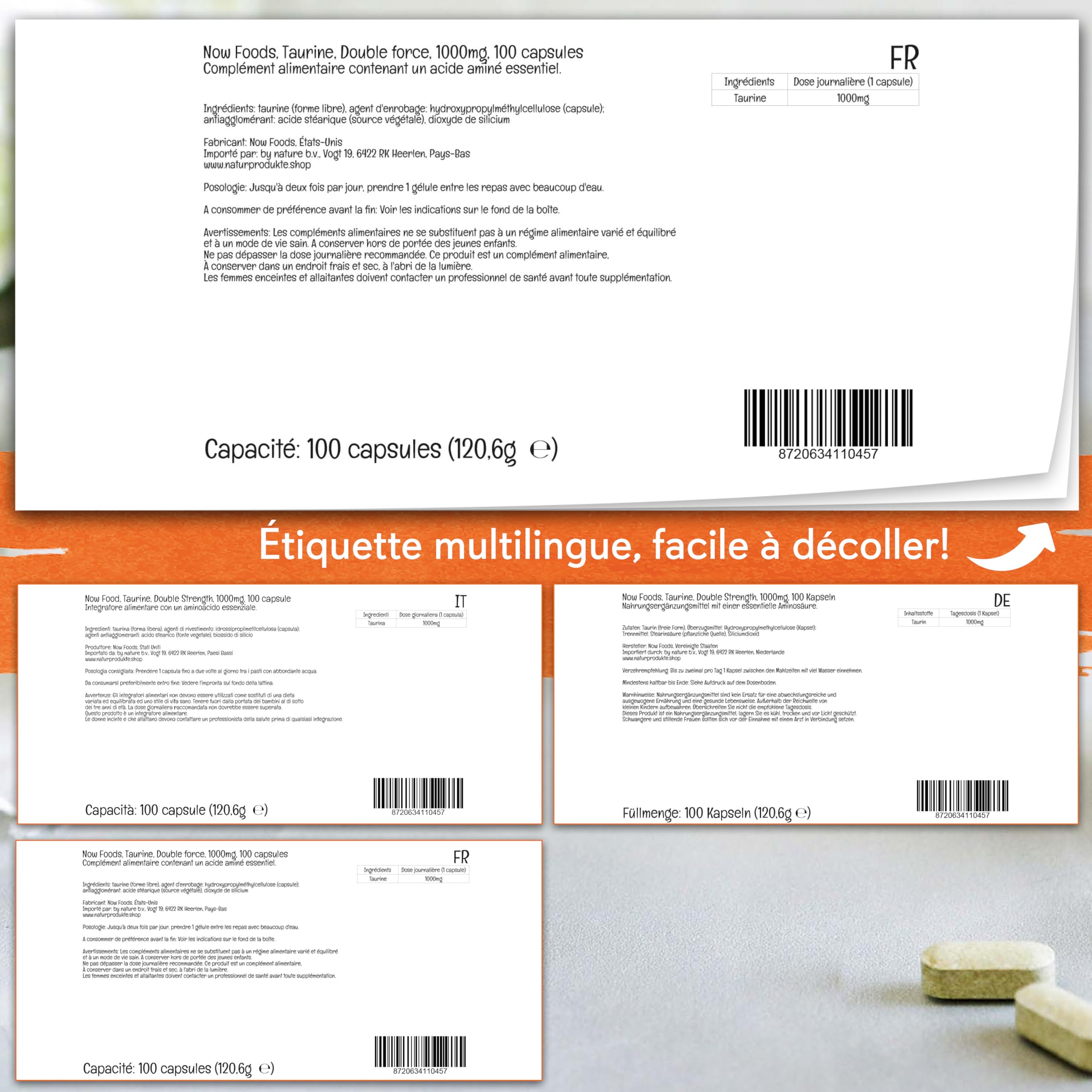 Now Foods, Taurine, Amidon Double, 1.000 mg, 100 Capsules végétaliennes, Testé en Laboratoire, Acide Aminé, Sans Gluten, Sans Soja, Végétarien