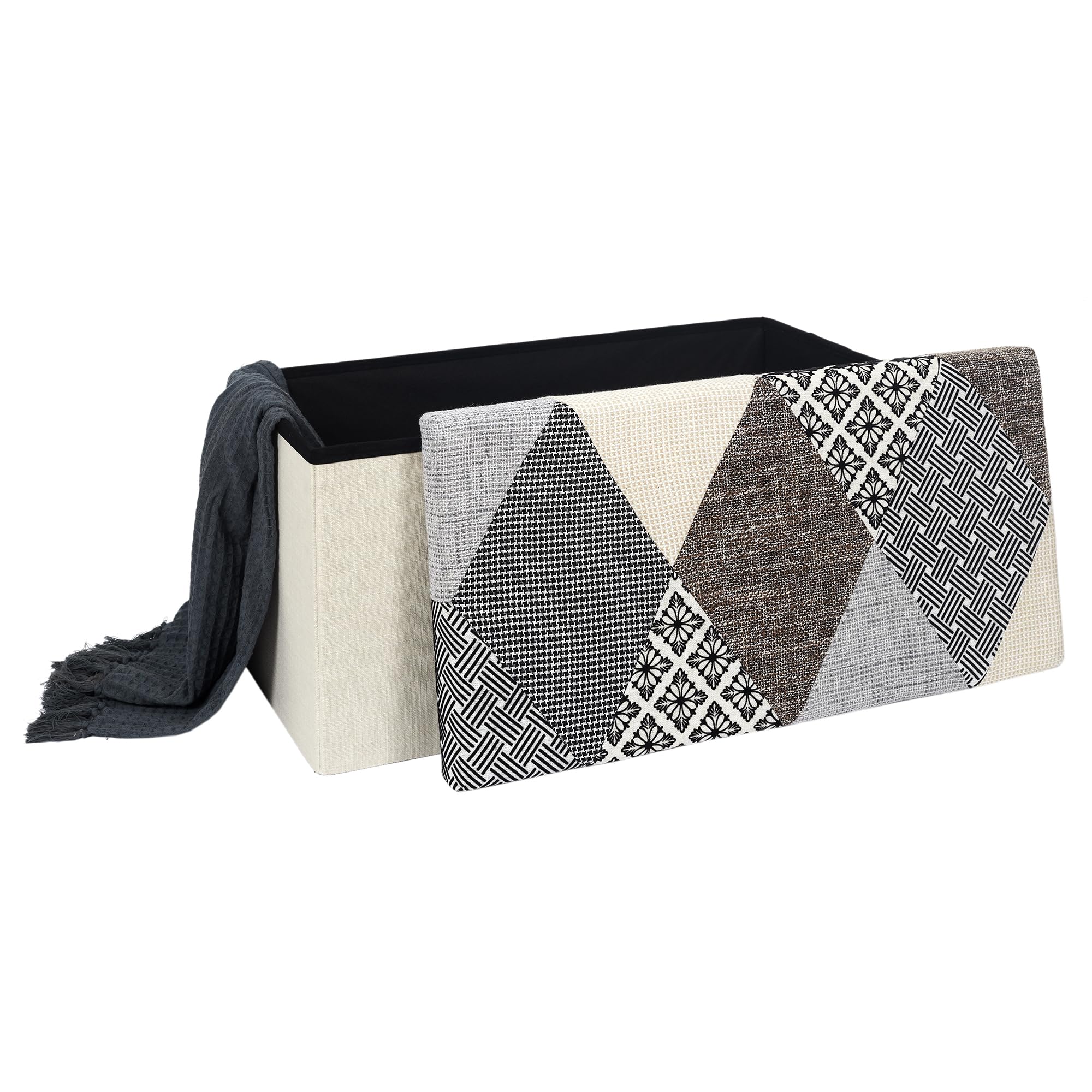 HOME DECO FACTORY Chest, Bench, Patchwork, Grey, Bench, Foldable, for Living Room, Bedroom, Dining Room, Multicoloured, 76 x 38 x 38 cm