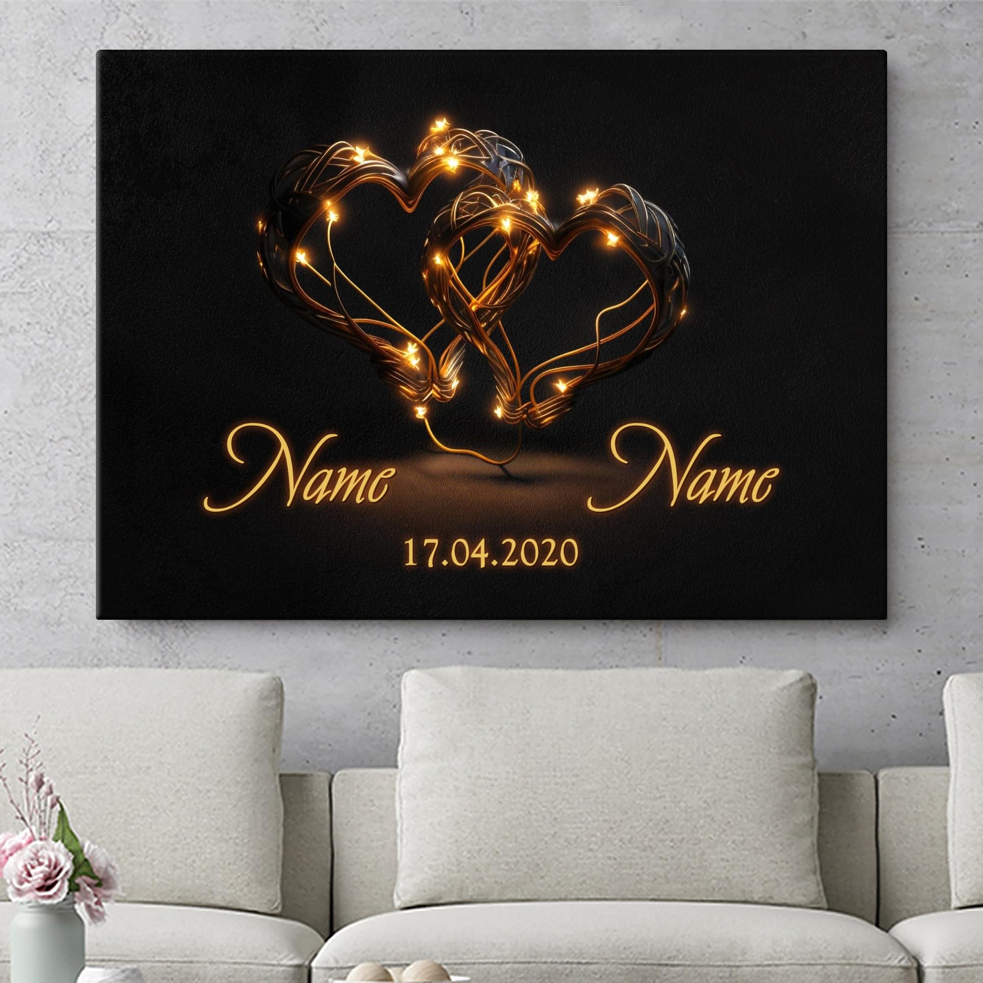 Liebesleinwand Individuelles Wandbild Blinkende Herzen | Jahrestag, Hochzeitstag Geschenke für Frauen | Leinwand mit Namen und Datum gestalten