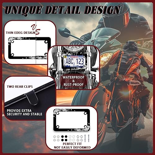 Miniatura 5 de Marco de placa de matrícula de motocicleta de flor de cerezo blanco y negro, soporte de etiqueta de mariposa de acero inoxidable, 4 agujeros,