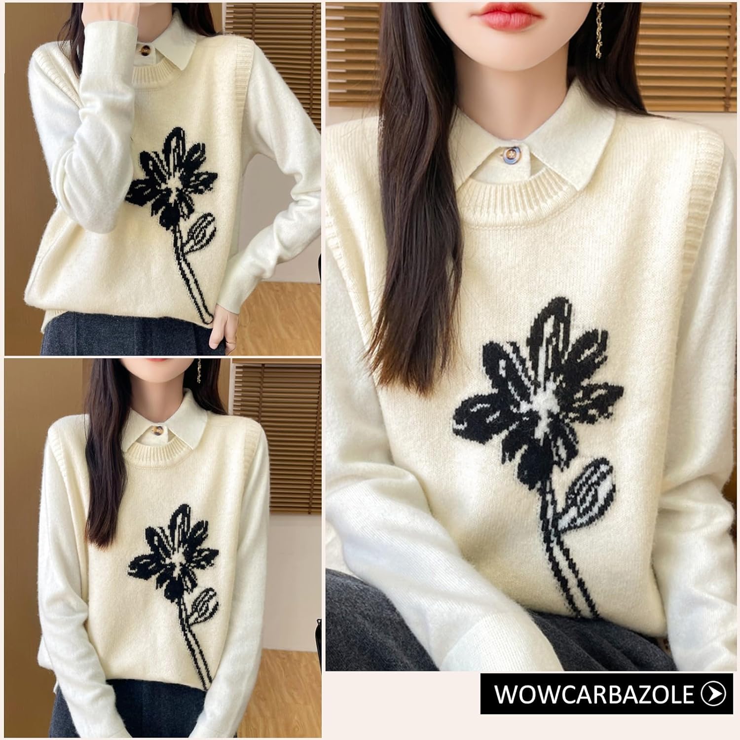 Wowcarbazole Women's Sweater Vest Crew Neck Sleeveless Ribbed Knitwear Casual Trendy Floral Knitted Vest Pullover Top - Image 5