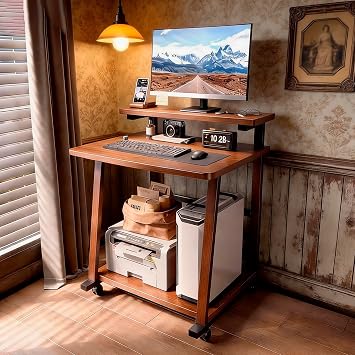 Computer Desk with Storage and Printer Shelf, Computer Table with Wheels, Small Desk for Bedroom, Modern Style, Suitable for Bedrooms and Rental PropertiesBlack,2.52"x1.96"x1.9"