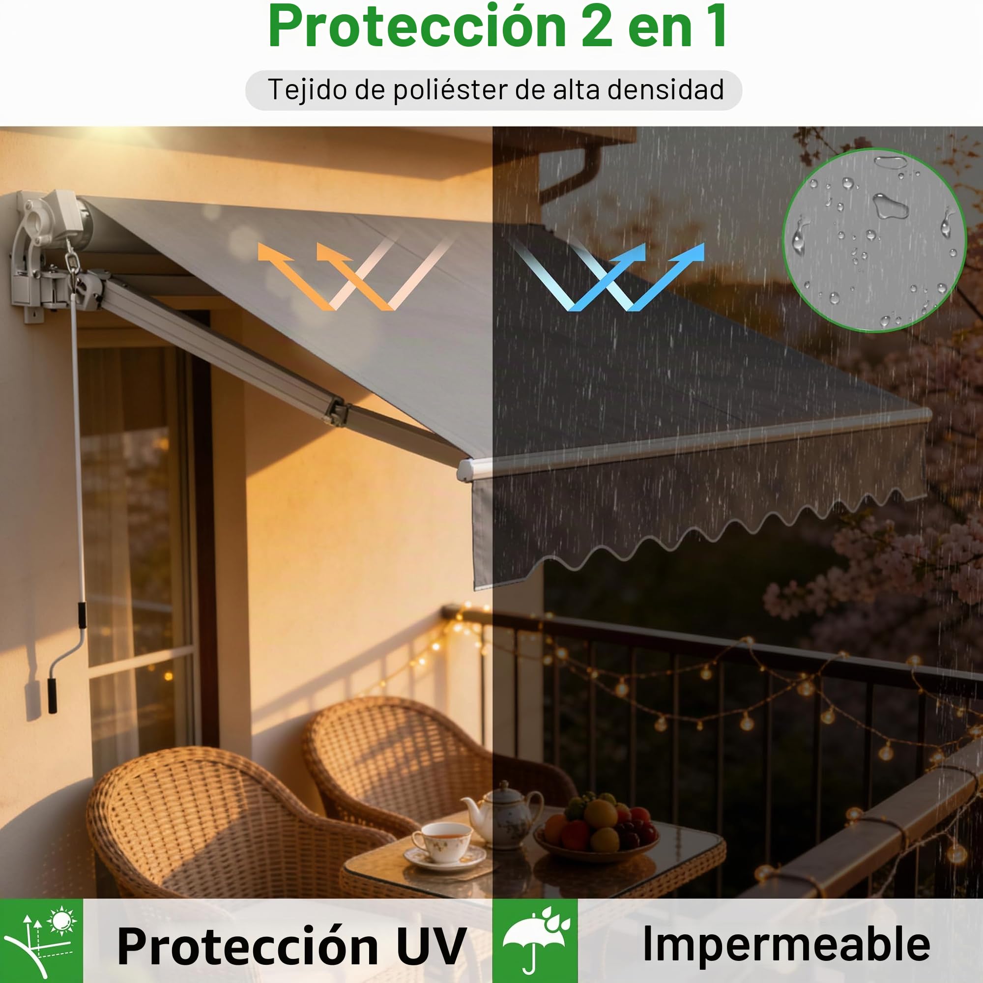 UISEBRT Toldo para balcón, 360 x 300 cm, con brazo articulado, toldo con abrazadera, protección solar, gris claro