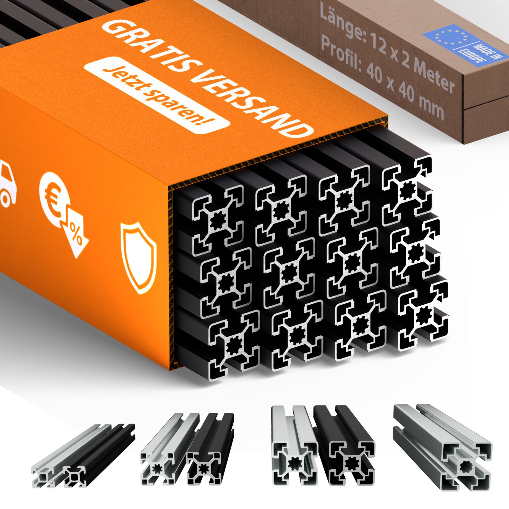 TIVENDIS Montageprofil 40x40 Nut 8 Set 12 Stück 2 Meter Aluminium Alu Profil schwarz eloxiert Systemprofil für Rahmenbau und Montage
