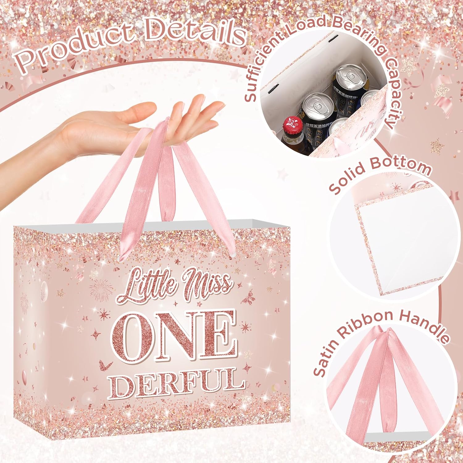 Sweet Baby Girl 1st Birthday Gift Bag, Rose Gold First Birthday Gift Bag with Greeting Card and Tissue Paper Pink Little Miss Onederful Wrapping Paper for Girls Baby Shower One Year Old Party Favors