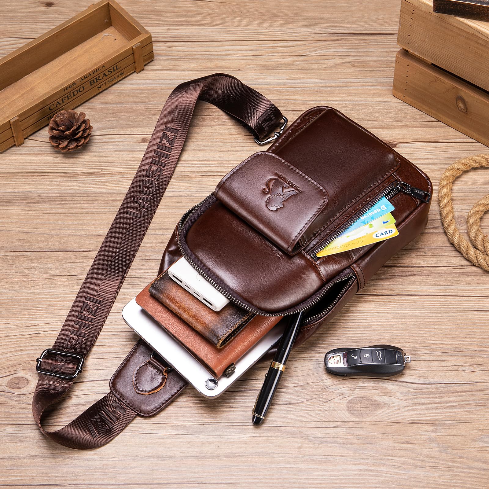Sacoche Homme Cuir Véritable Bandoulière Réglable Sac de Poitrine Homme