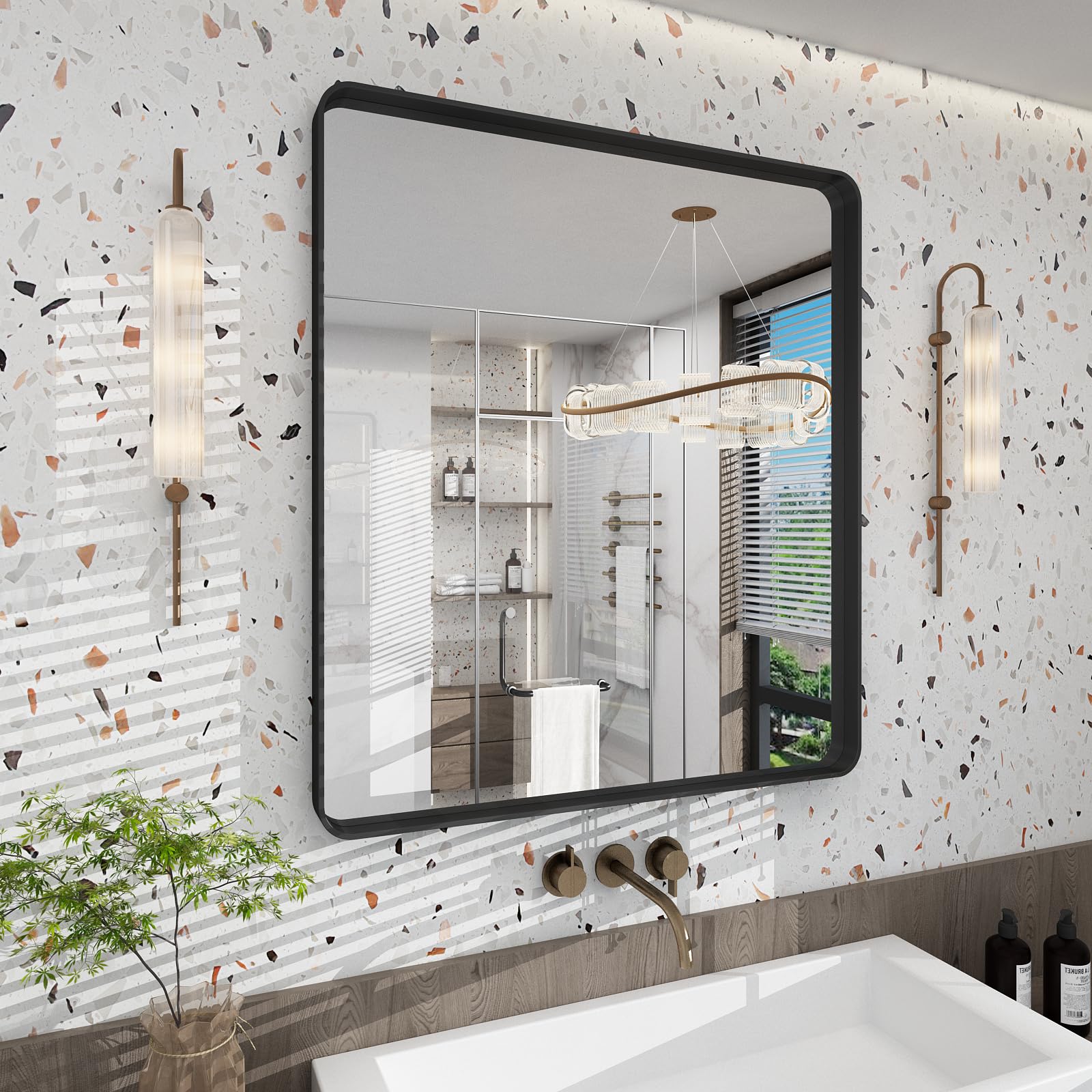 Black Bathroom Mirror for Wall, 36x32 Matte Black Metal Framed Bathroom Vanity Mirror, Round Corner Rectangle Modern Wall Mirror, Anti-Rust, Shatterproof(Horizontally/Vertically)