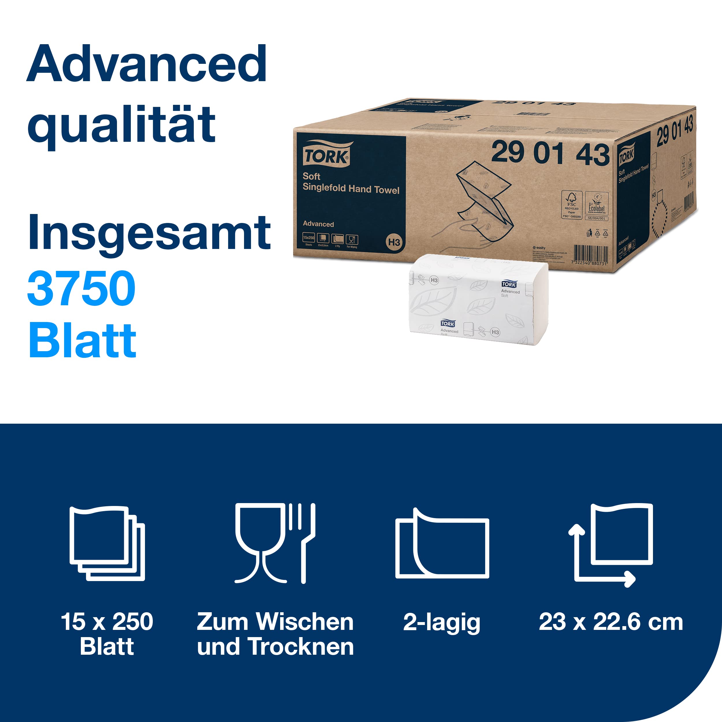 Tork Advanced H3 Falthandtücher 290143 - 2-lagig, saugfähig, reißfest, weiß - 15 x 250 Tücher