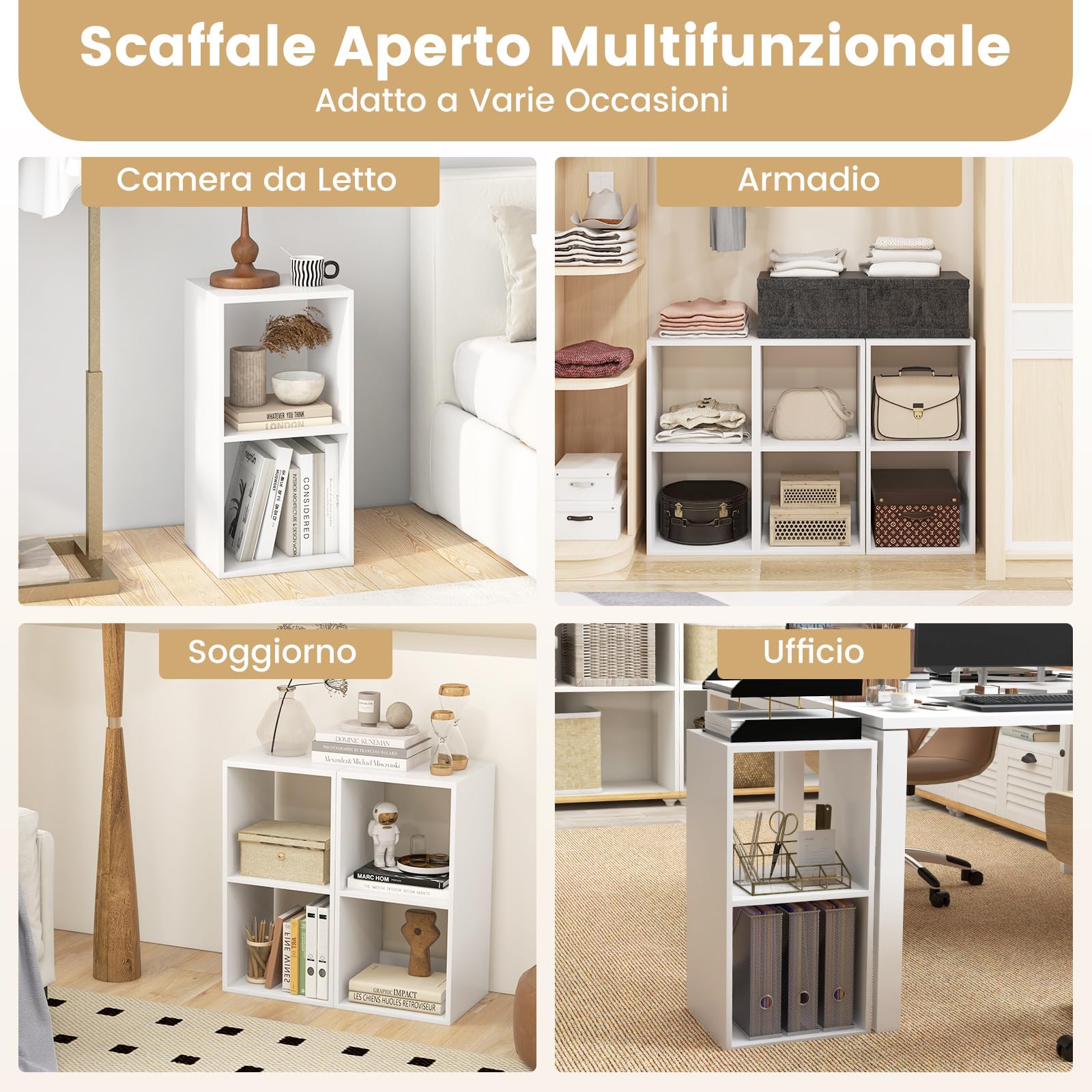 RELAX4LIFE Libreria a 2 Cubi, Scaffale Verticale Moderno con 3 Ripiani Aperti, Organizer di Stoccaggio Autoportante con 2 Kit Antiribaltamento per Soggiorno, Camera da Letto Bianco