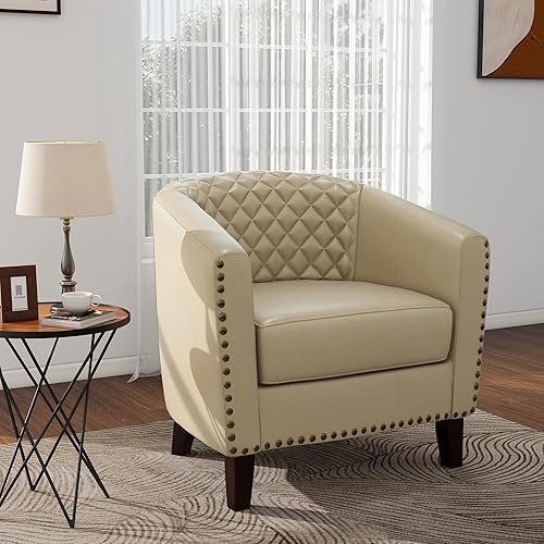 Miniatura 39 de Pia Ricco Juego de 2 sillas de barril de piel sintética, modernas y cómodas, sillas de club tapizadas con ribete de cabeza de clavo, sofá individual