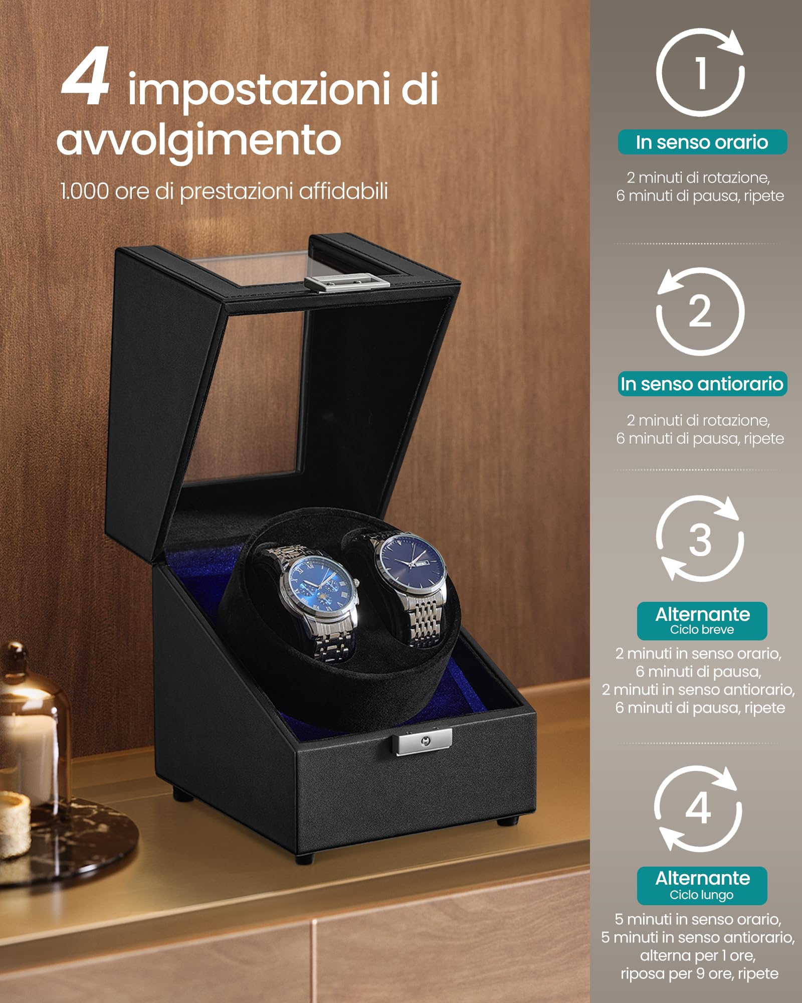 SONGMICS Carica Orologi, Caricatore Automatico Doppio per 1 Orologio con Motore Silenzioso, con LED, Cuscino Regolabile, Chiusura, 4 Impostazioni, con un Cavo di Ricarica USB-C, Nero JWB031B01