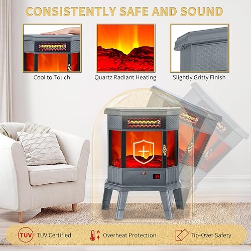 Miniatura 5 de Calentador eléctrico de chimenea independiente de 22 pulgadas, chimenea infrarroja con efecto de llama 3D, temporizador, calentador de protección
