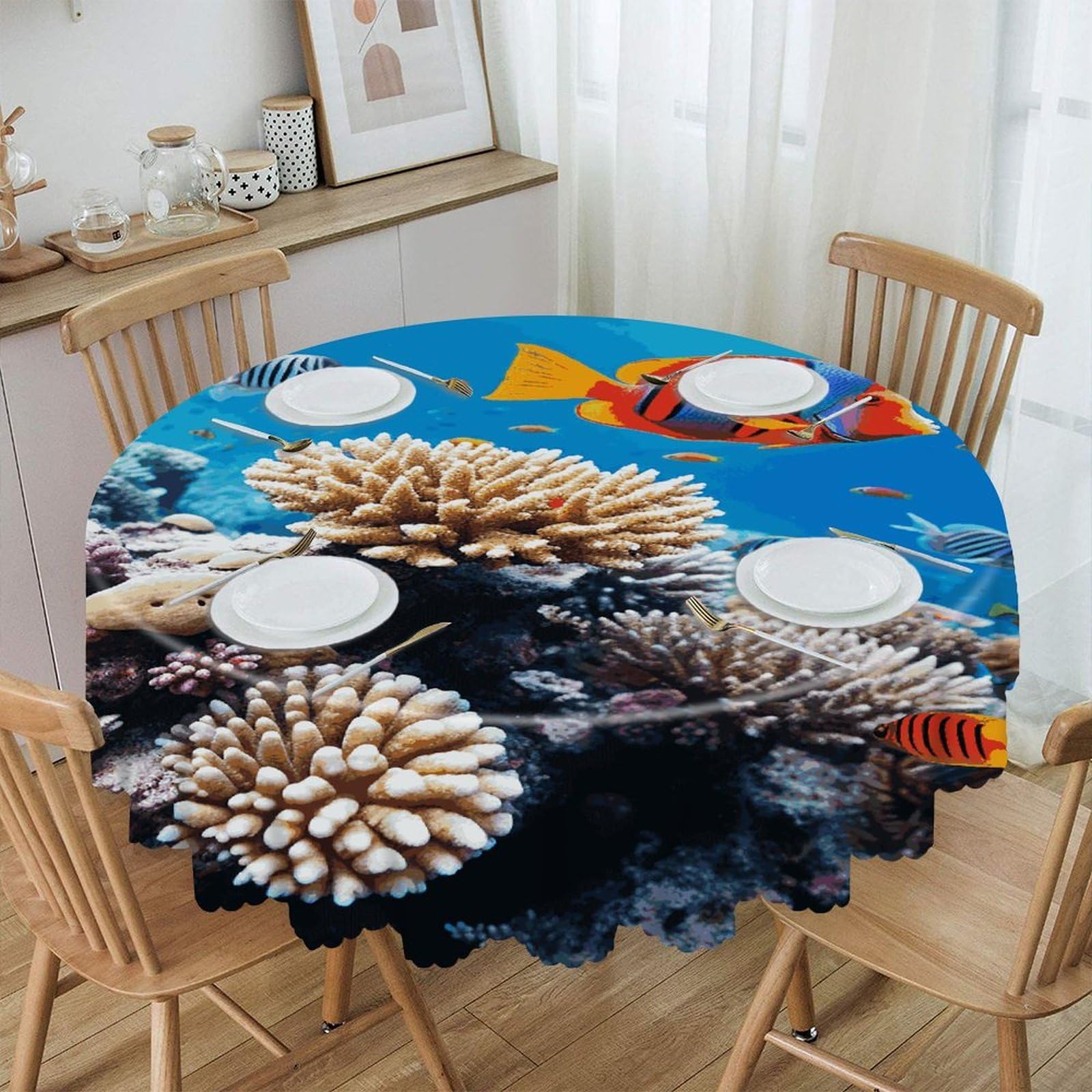 FekiLoot Ocean Tropical Fish Coral Round Tablecloths 60 Inch Resistant Washable Polyester Table Cloth Style Decorative Circle Fabric Table Cover for Dining Kitchen Party Farmhouse Outdoor