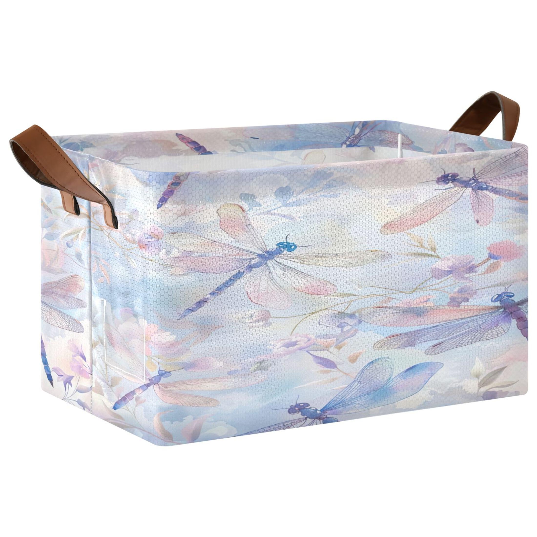 Kutsu Foldable Storage Basket Watercolor Dragonflies Collapsible Storage Bin with Handles for Shelves, Rectangle Basket for Home Nursery Decor, 16.9x11.4x10 in