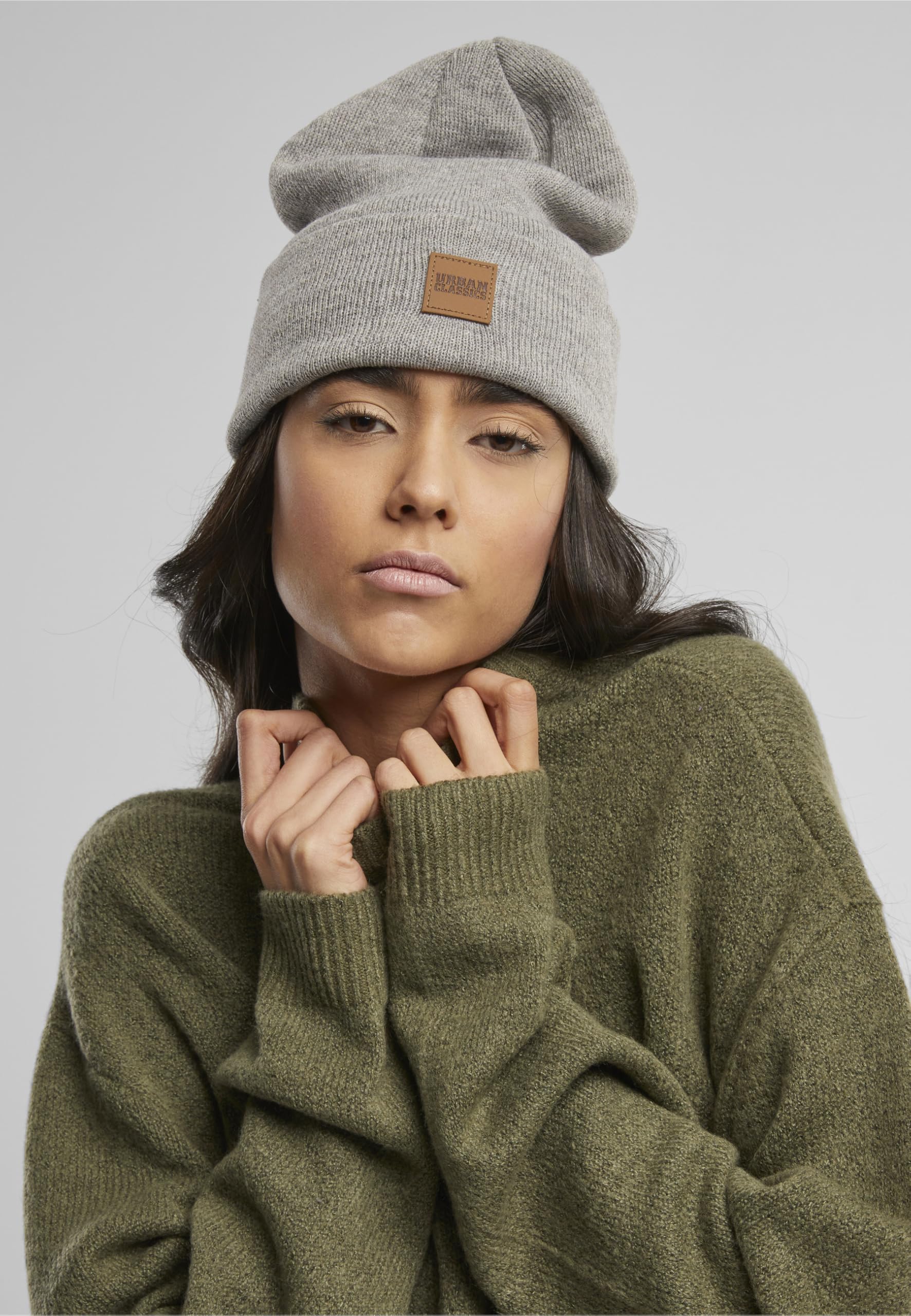 Urban Classics Uniseks Leatherpatch Long Beanie Czapka Zimowa, Szary