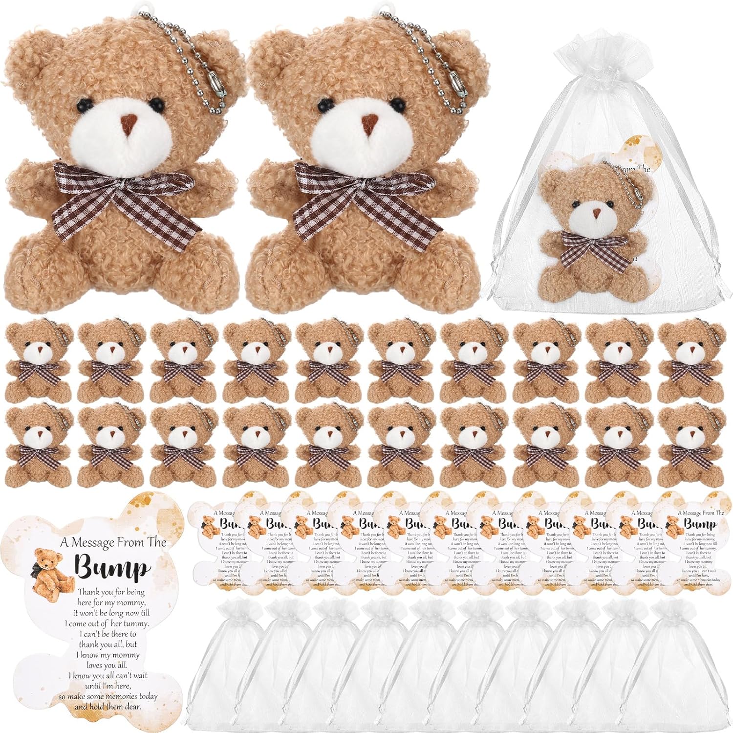 Poen 50 Sets Bear Baby Shower Favors Baby Shower Souvenirs for Guest Return Gifts Includes Small Bears Keychains Thank You Tags and White Organza Bags for Party Supplies