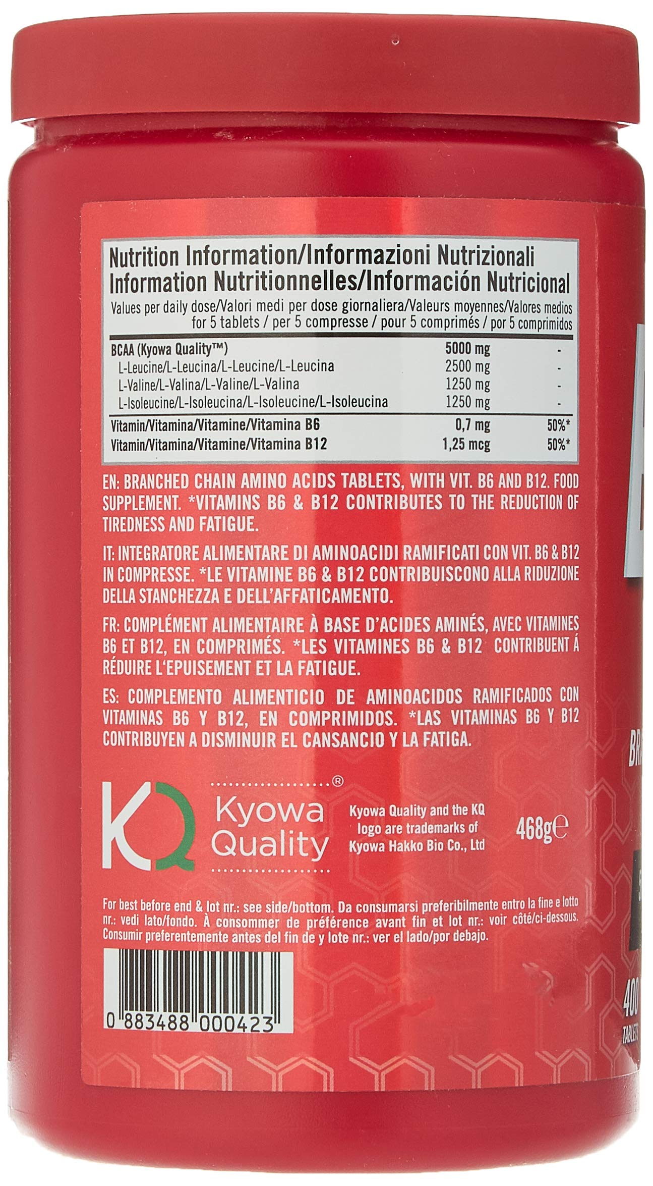 Integratore Alimentare di Aminoacidi Ramificati, Riduce la Stanchezza e la Fatica, Con Vitamina B6 e B12, 400 Compresse