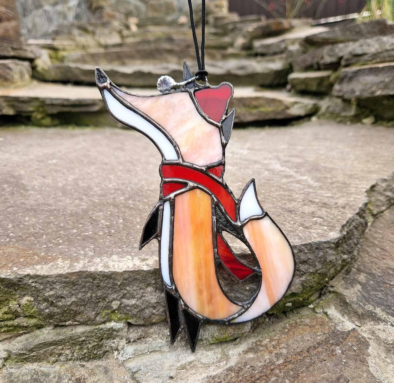 Fox in Hat and Scarf Stained Glass Suncatcher Window Hanging Cute Animal Ornament Fox in Glasses