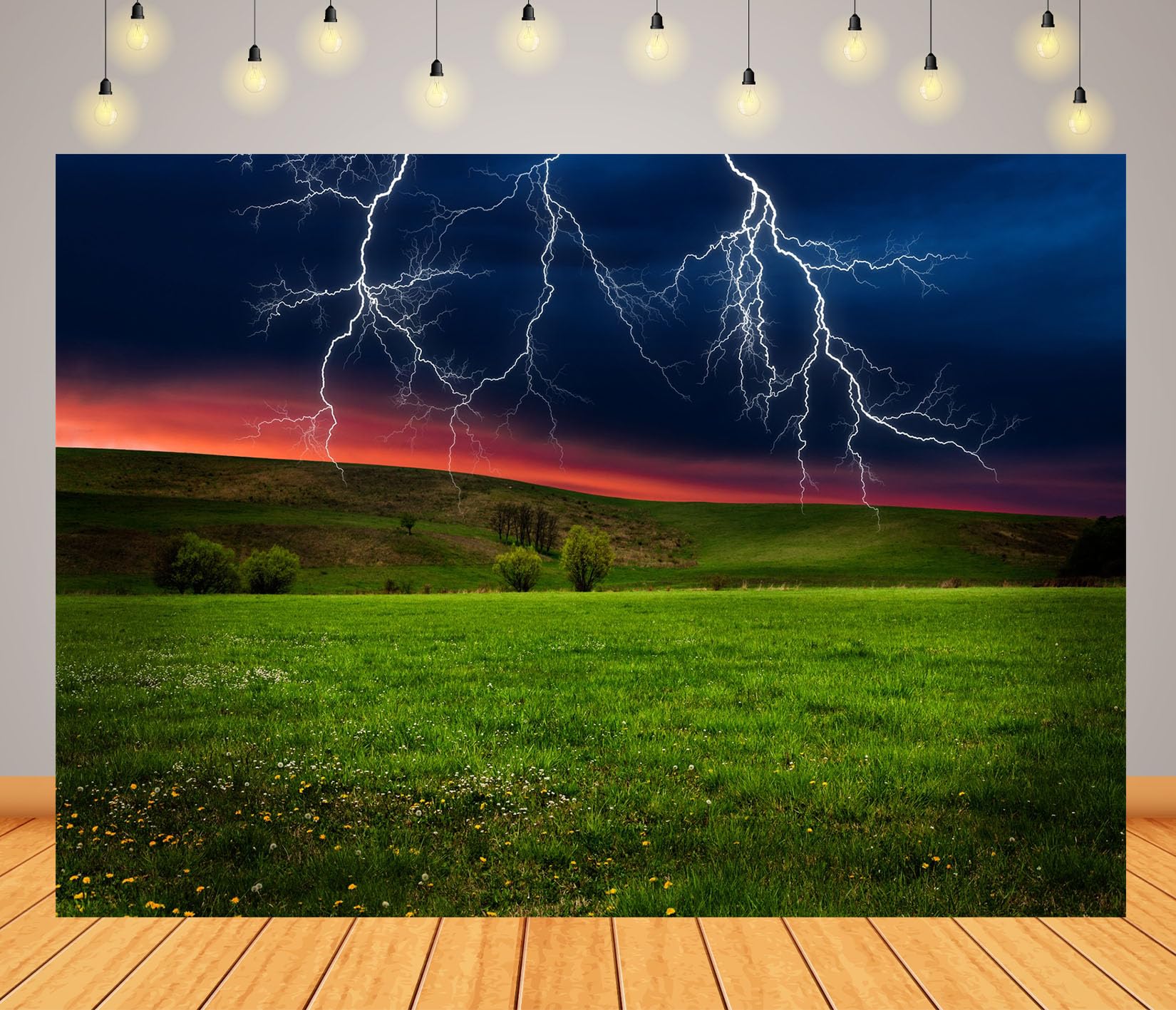 17x10FT (5.2x3m) Tempesta Di Fulmini Su Prato Verde Sfondo Fotografico | Tempo Drammatico In Campagna Fondale In Tessuto,Molti Fulmini Bianchi,Per Eventi Meteo E Ritratti Drammatici,Photo Booth
