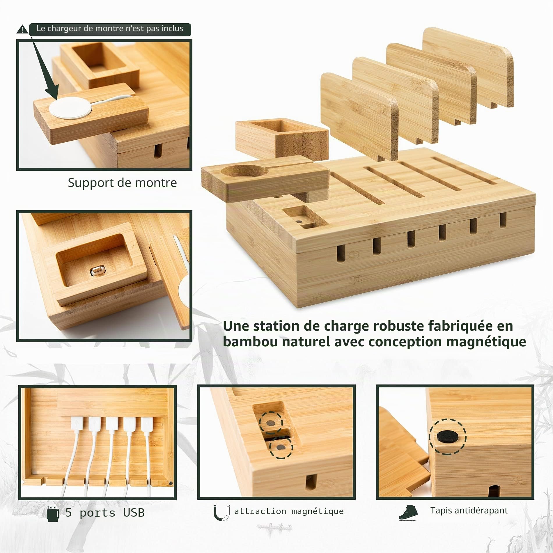 Station de Charge Bambou Chargeur Multiple USB Bamboo YOJA 5 Ports USB Station Recharge en Bois pour Smartphone Tablette Écouteurs Watch Pods Chargeur avec 5 câbles Courts