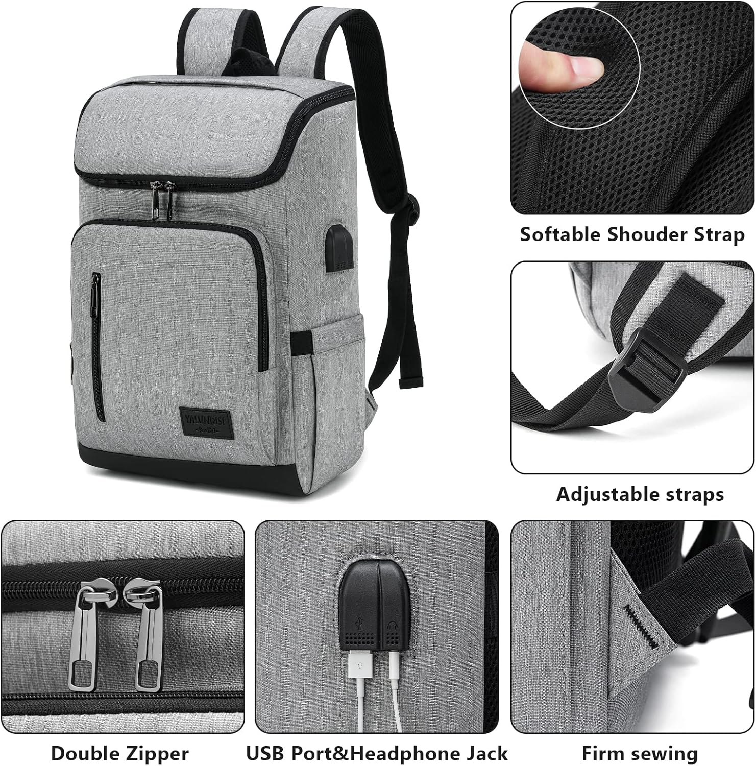 YALUNDISI Laptop Backpacks Travel Backpack Carry On Backpack Casual Daypack with USB Charging Port for Men Women Grey