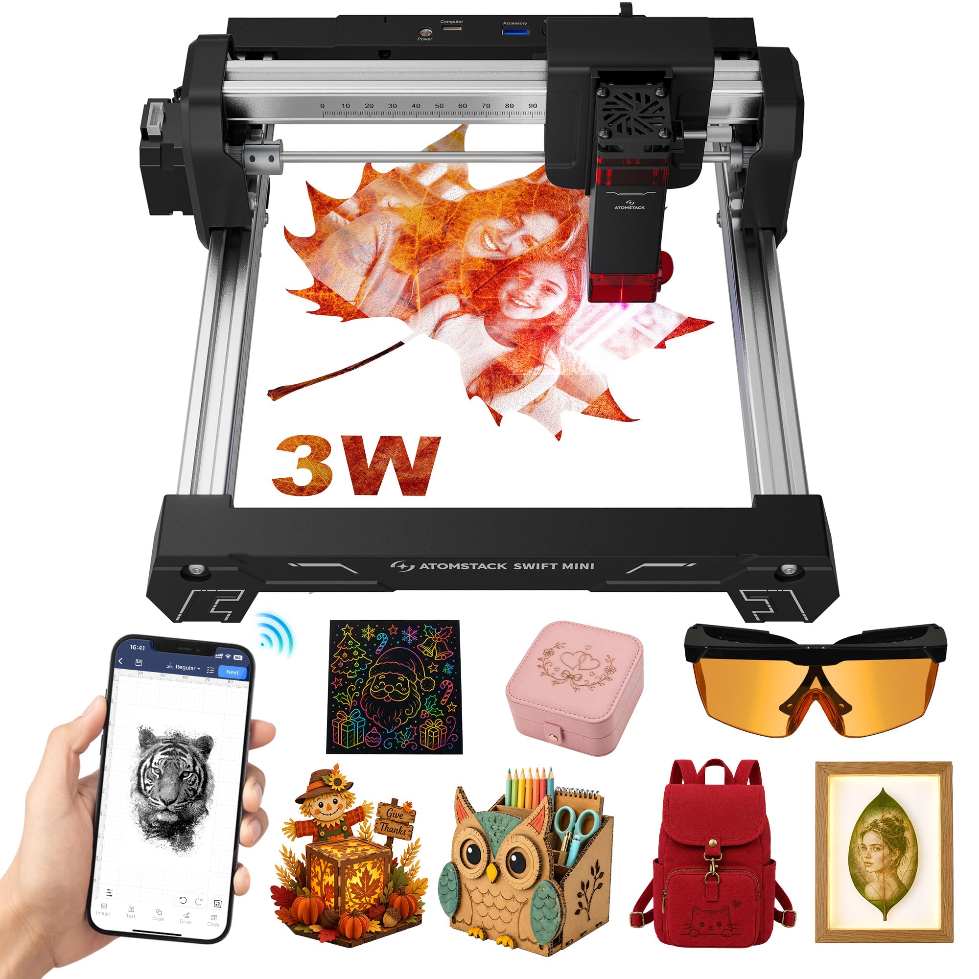 ATOMSTACK Swift Mini 3W Graviermaschine, 100% Vormontiertes Einsteigergerät, 135 × 145 mm Arbeitsbereich, WLAN/Hotspot/USB, Lasergravierer Für Holz, Leder, DIY-Geschenke,Artesanía 3000 mW