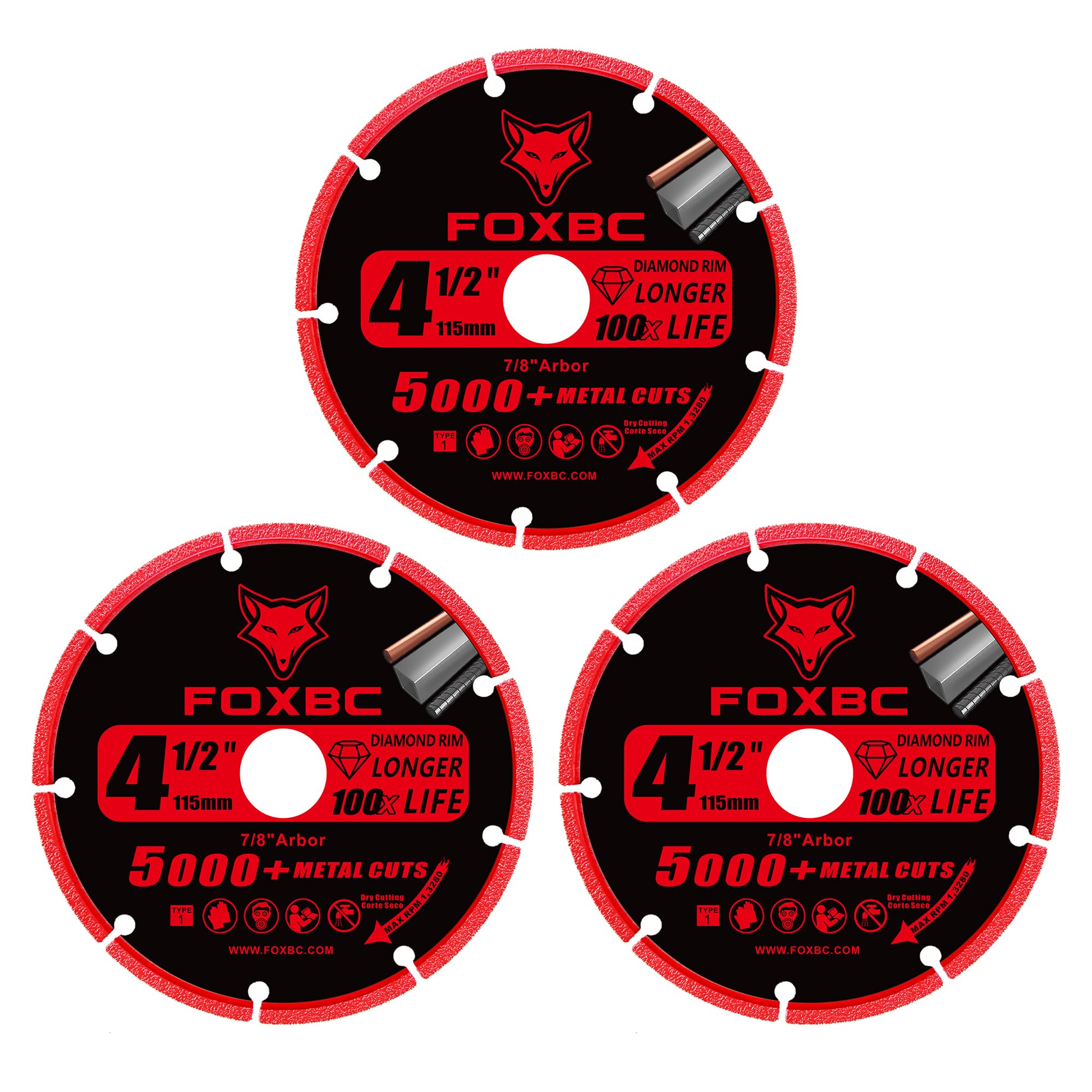 FOXBC Rueda de corte de diamante de 4 1/2 pulgadas para amoladora angular, más de 5000 cortes en barra de refuerzo, acero inoxidable, hierro angular, eje de 7/8 pulgadas