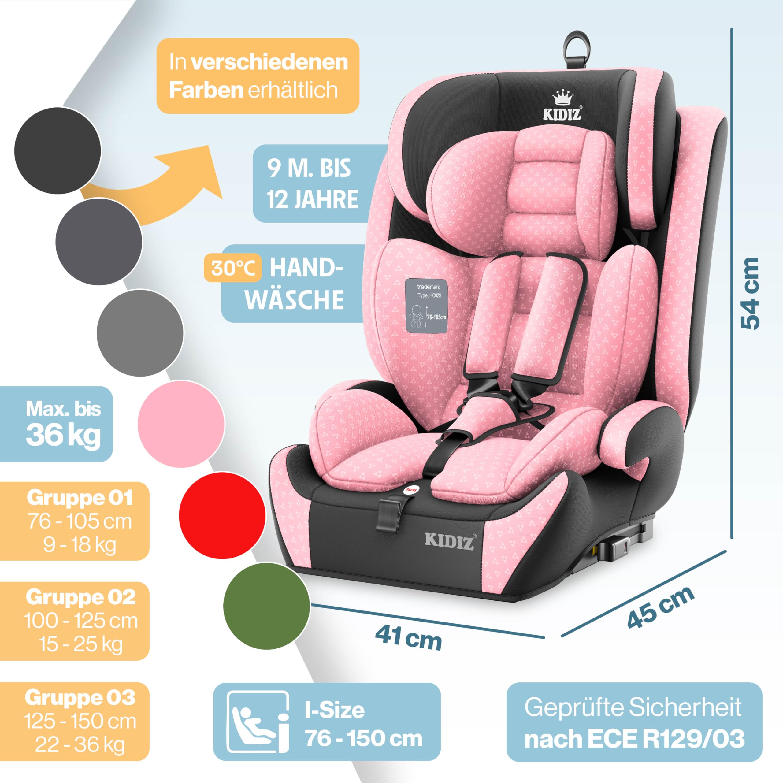 KIDIZ® Asiento infantil Triangle Premium con Isofix | Asiento infantil para coche | 9 kg – 36 kg 1 – 12 años | Grupo 1/2/3 | Universal | Homologado según ECE R129/03